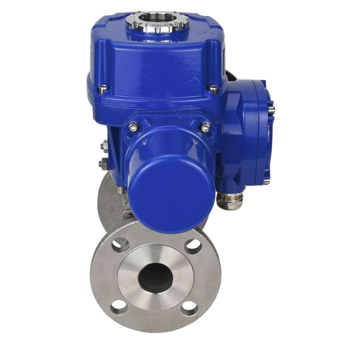 Válvula de bola de acero inoxidable DNOVA BVFPT.304.180 de tres piezas, material del cuerpo: acero inoxidable SS304, junta: PTFE, brida, paso completo, actuador eléctrico de cuarto de vuelta DNOVA QT-W (M) 220 V