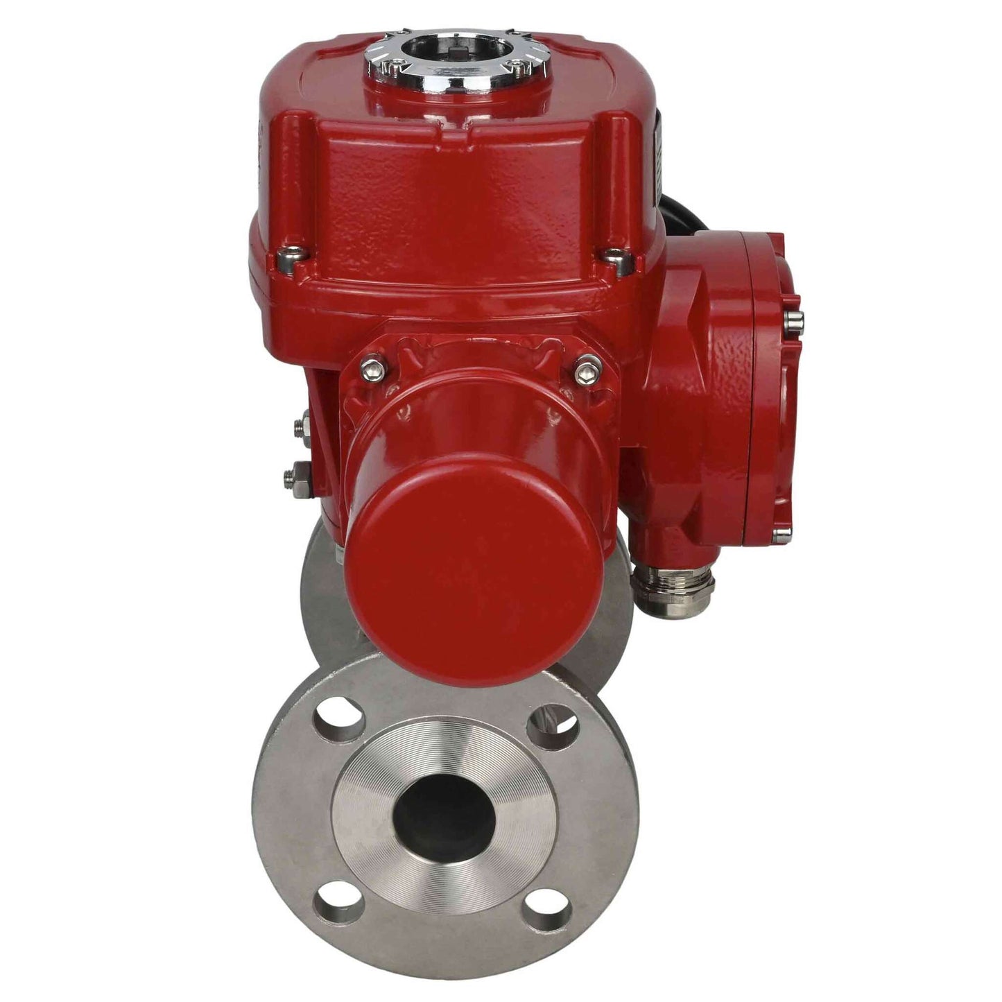 Válvula de bola de acero inoxidable DNOVA BVFPT.304.180 de tres piezas, material del cuerpo: acero inoxidable SS304, junta: PTFE, brida, paso completo, actuador eléctrico de cuarto de vuelta DNOVA QT-W (M) EX 380 V