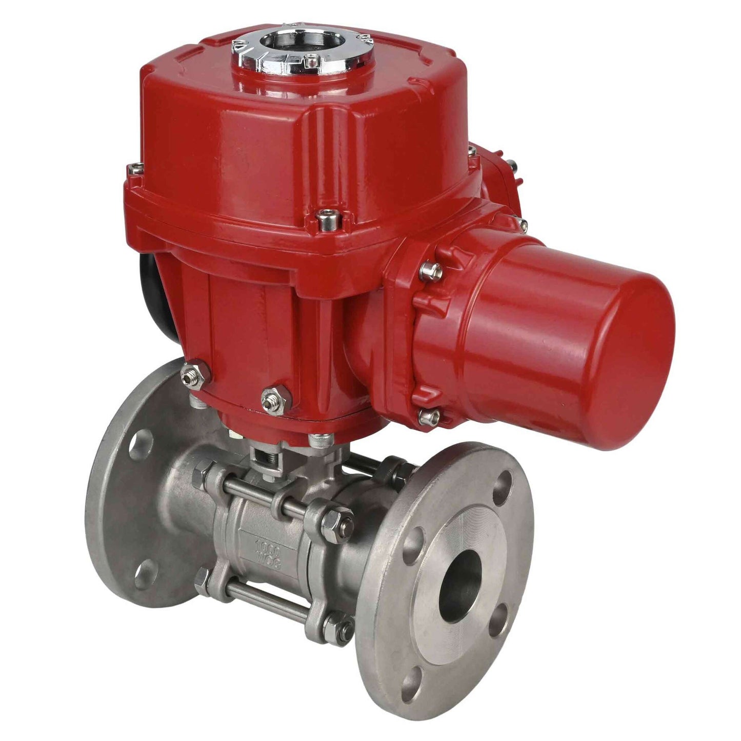 Válvula de bola de acero inoxidable DNOVA BVFPT.304.180 de tres piezas, material del cuerpo: acero inoxidable SS304, junta: PTFE, brida, paso completo, actuador eléctrico de cuarto de vuelta DNOVA QT-W (M) EX 380 V
