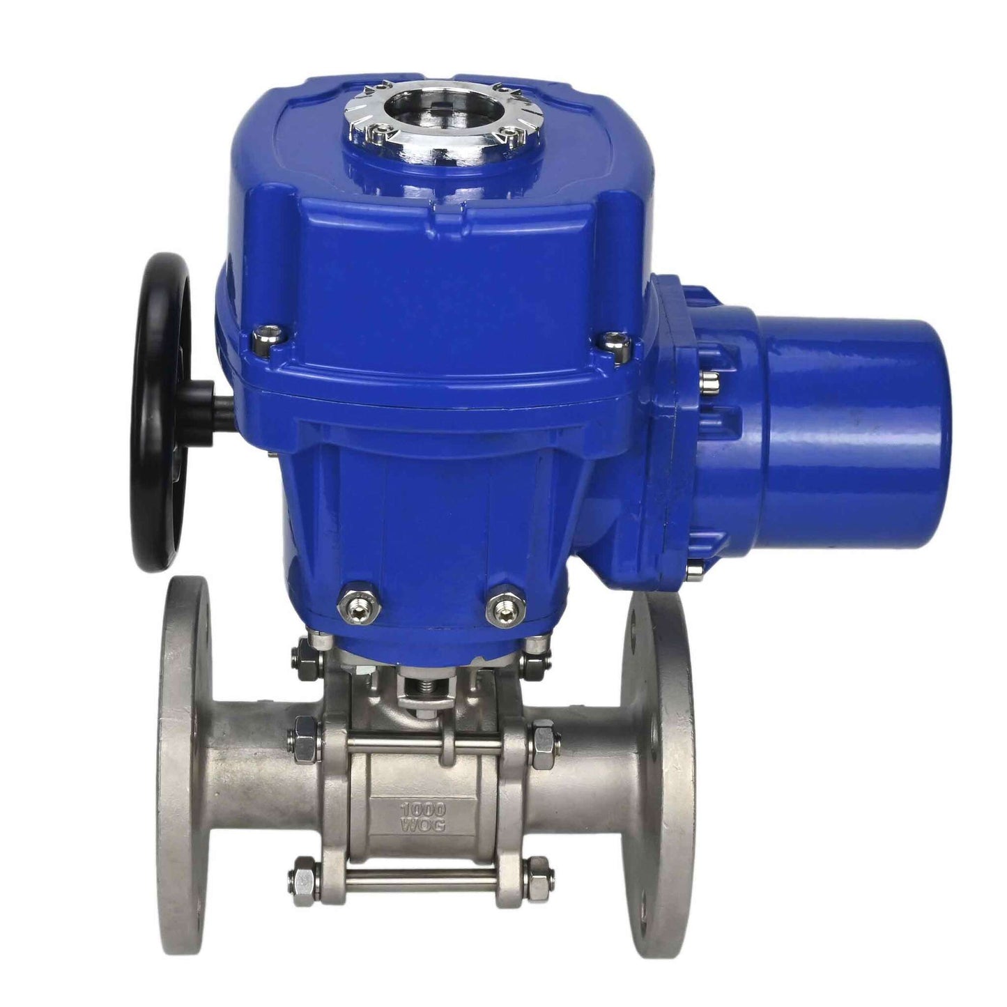 Válvula de bola de acero inoxidable DNOVA BVFPT.304.180 de tres piezas, material del cuerpo: acero inoxidable SS304, junta: PTFE, brida, paso completo, actuador eléctrico de cuarto de vuelta DNOVA QT-W (M) 380 V
