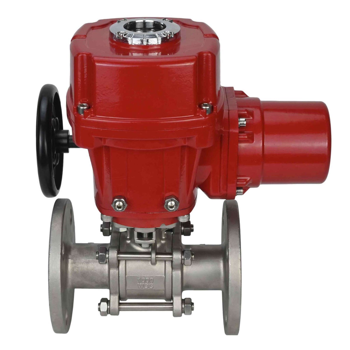 Válvula de bola de acero inoxidable DNOVA BVFPT.304.180 de tres piezas, material del cuerpo: acero inoxidable SS304, junta: PTFE, brida, paso completo, actuador eléctrico de cuarto de vuelta DNOVA QT-W (M) EX 220 V