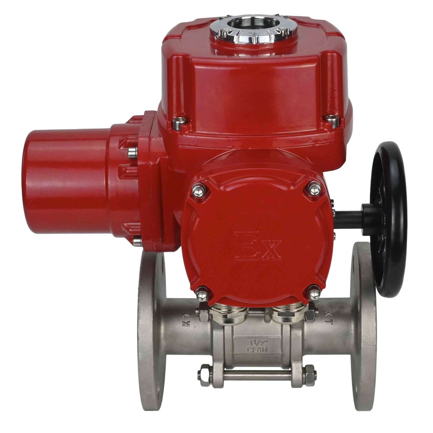 Válvula de bola de acero inoxidable DNOVA BVFPT.304.180 de tres piezas, material del cuerpo: acero inoxidable SS304, junta: PTFE, brida, paso completo, actuador eléctrico de cuarto de vuelta DNOVA QT-W (M) EX 380 V