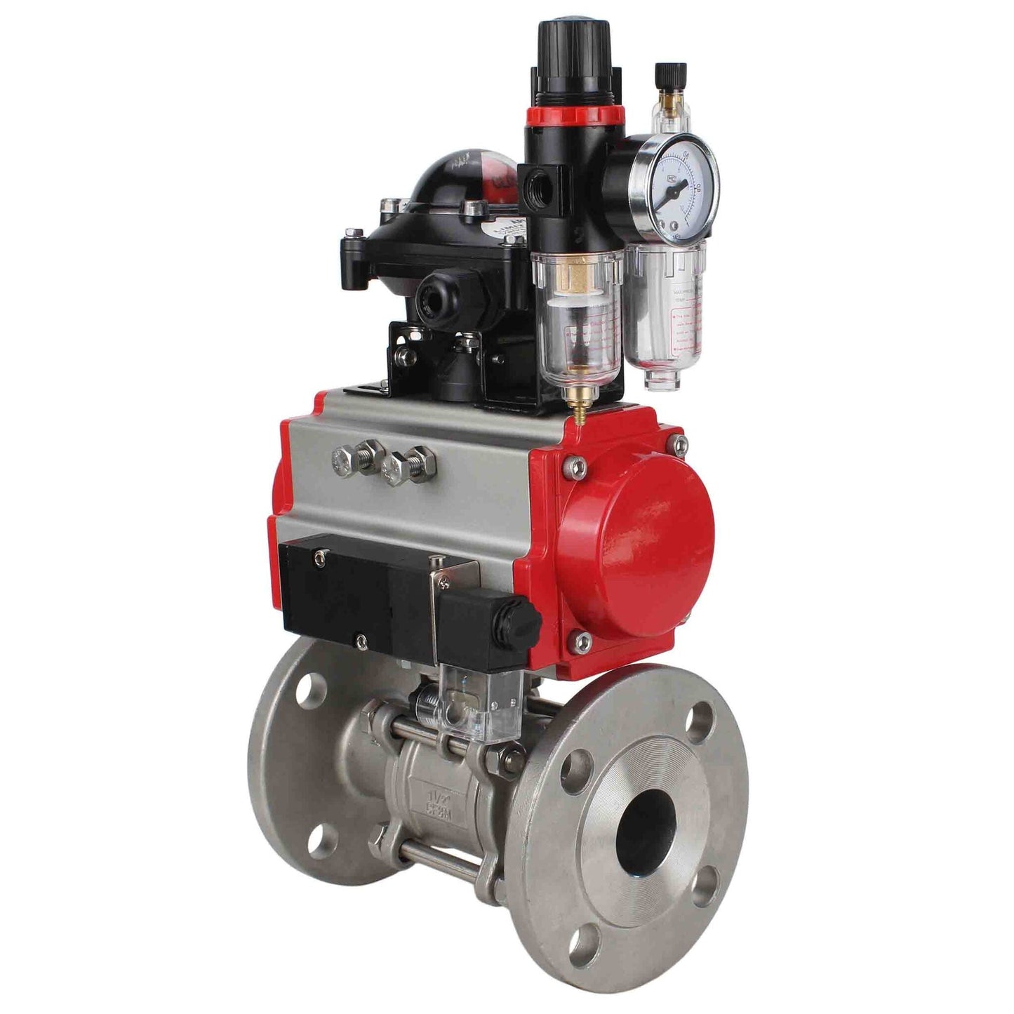 Stainless steel ball valve DNOVA ksfpt-304-180-da-4m310-110/220v-apl210n-afc2000, body material - stainless steel AISI 304, ball material - stainless steel AISI 304, seal - PTFE, pneumatic actuator operated