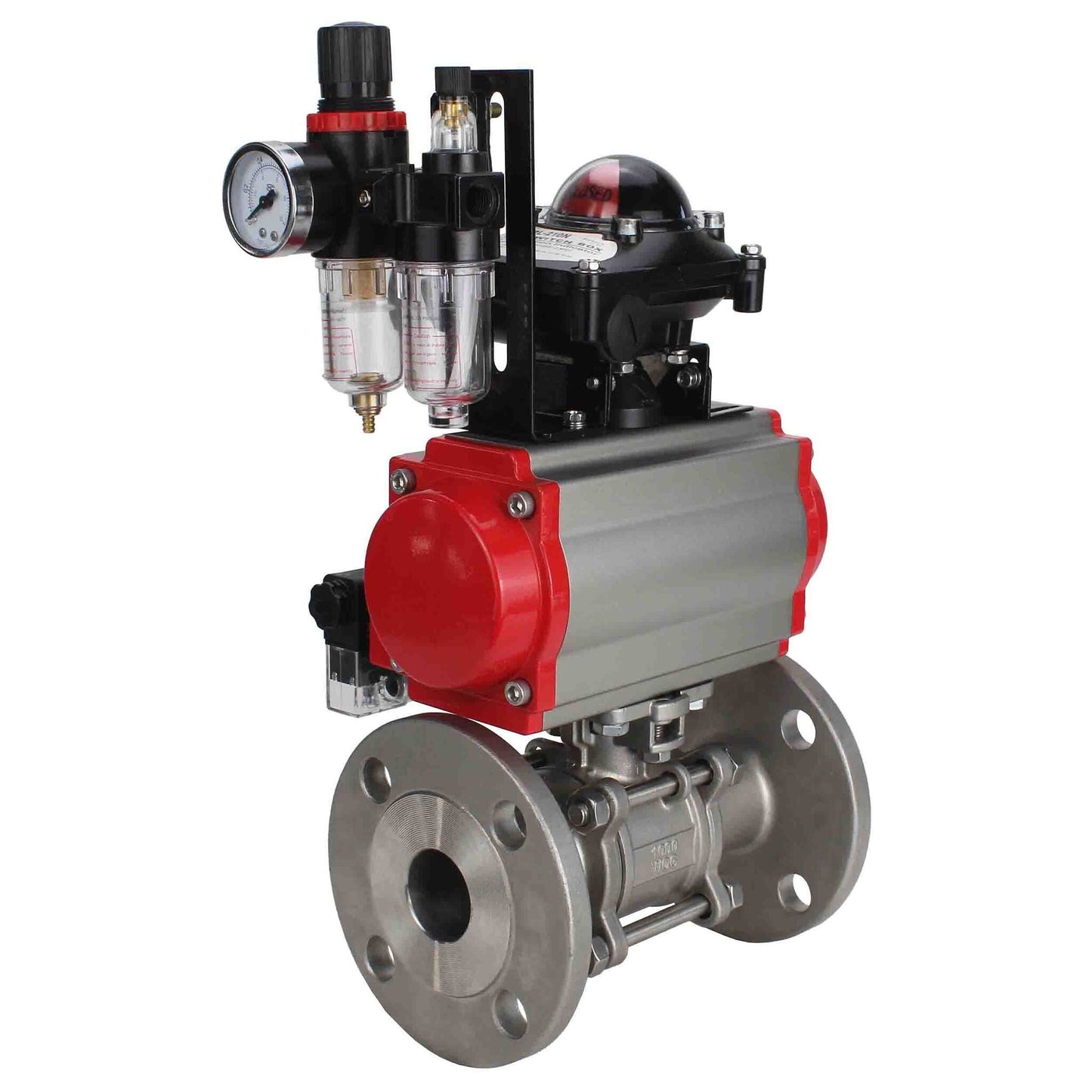 Stainless steel ball valve DNOVA ksfpt-304-180-da-4m310-110/220v-apl210n-afc2000, body material - stainless steel AISI 304, ball material - stainless steel AISI 304, seal - PTFE, pneumatic actuator operated