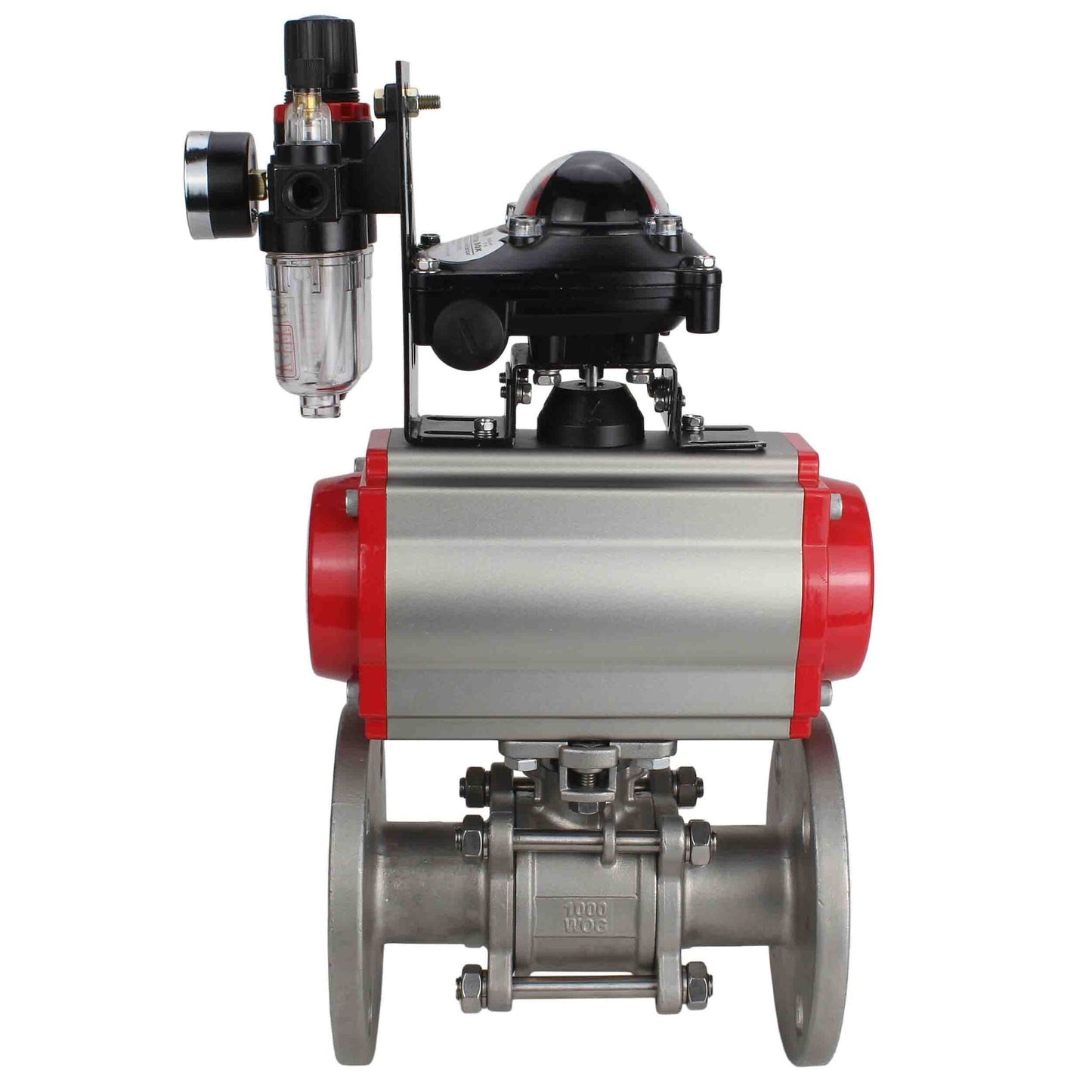 Stainless steel ball valve DNOVA ksfpt-304-180-da-4m310-24v-apl210n-afc2000, body material - stainless steel AISI 304, ball material - stainless steel AISI 304, seal - PTFE, pneumatic actuator operated
