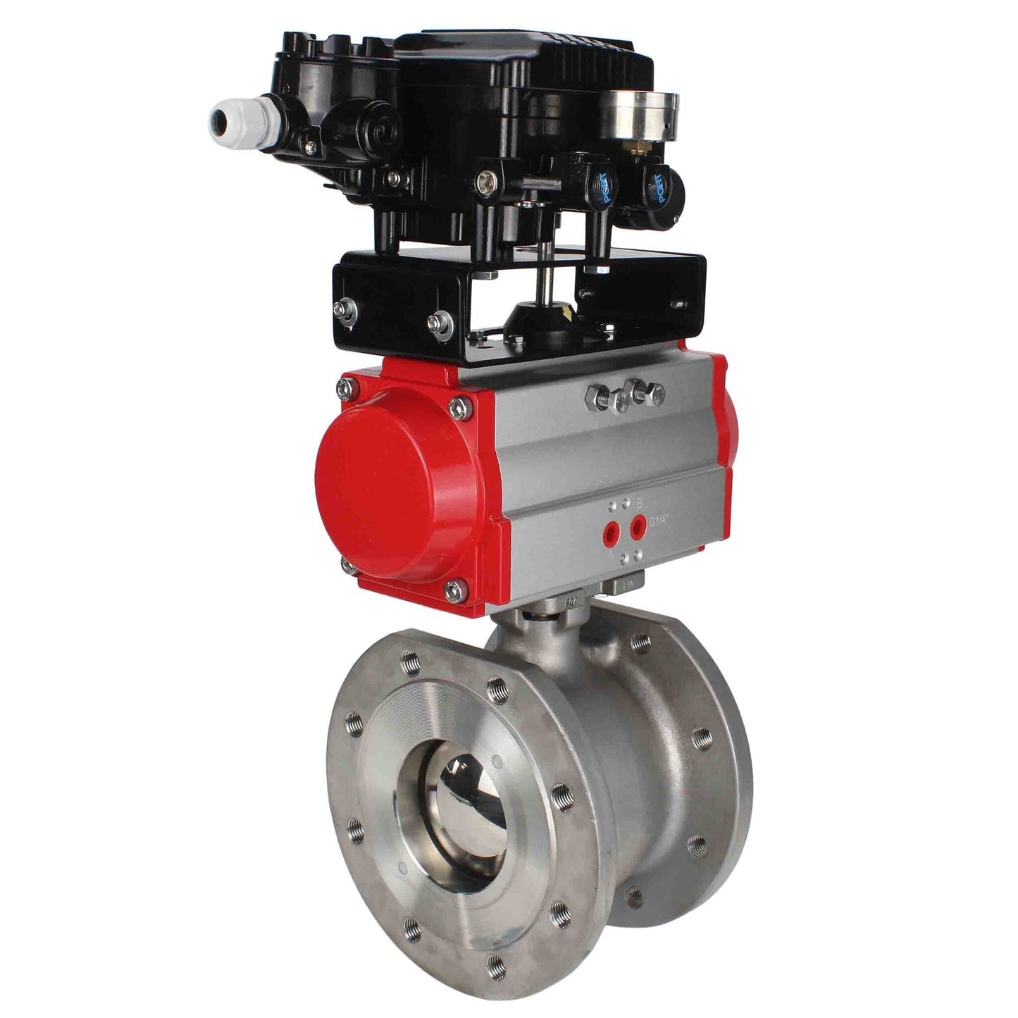 Stainless steel ball valve DNOVA kchmfp-DNOVA-sa-yt1000rsn, body material - stainless steel AISI 316, ball material - stainless steel AISI 316, seal - PTFE, pneumatic actuator operated