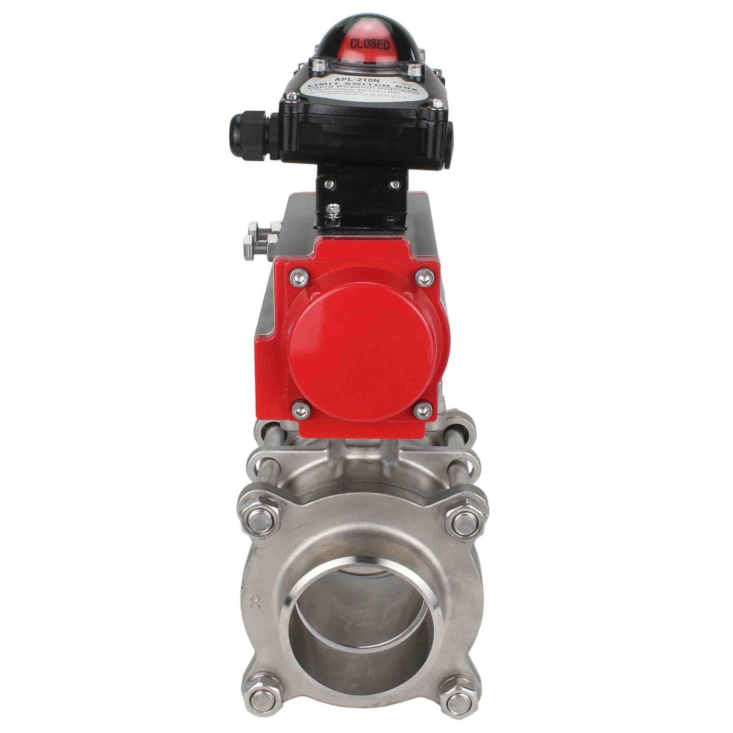 Stainless steel ball valve DNOVA kshpp-316200-sa-apl210n, body material - stainless steel AISI 316, ball material - stainless steel AISI 316, seal - PTFE, pneumatic actuator operated
