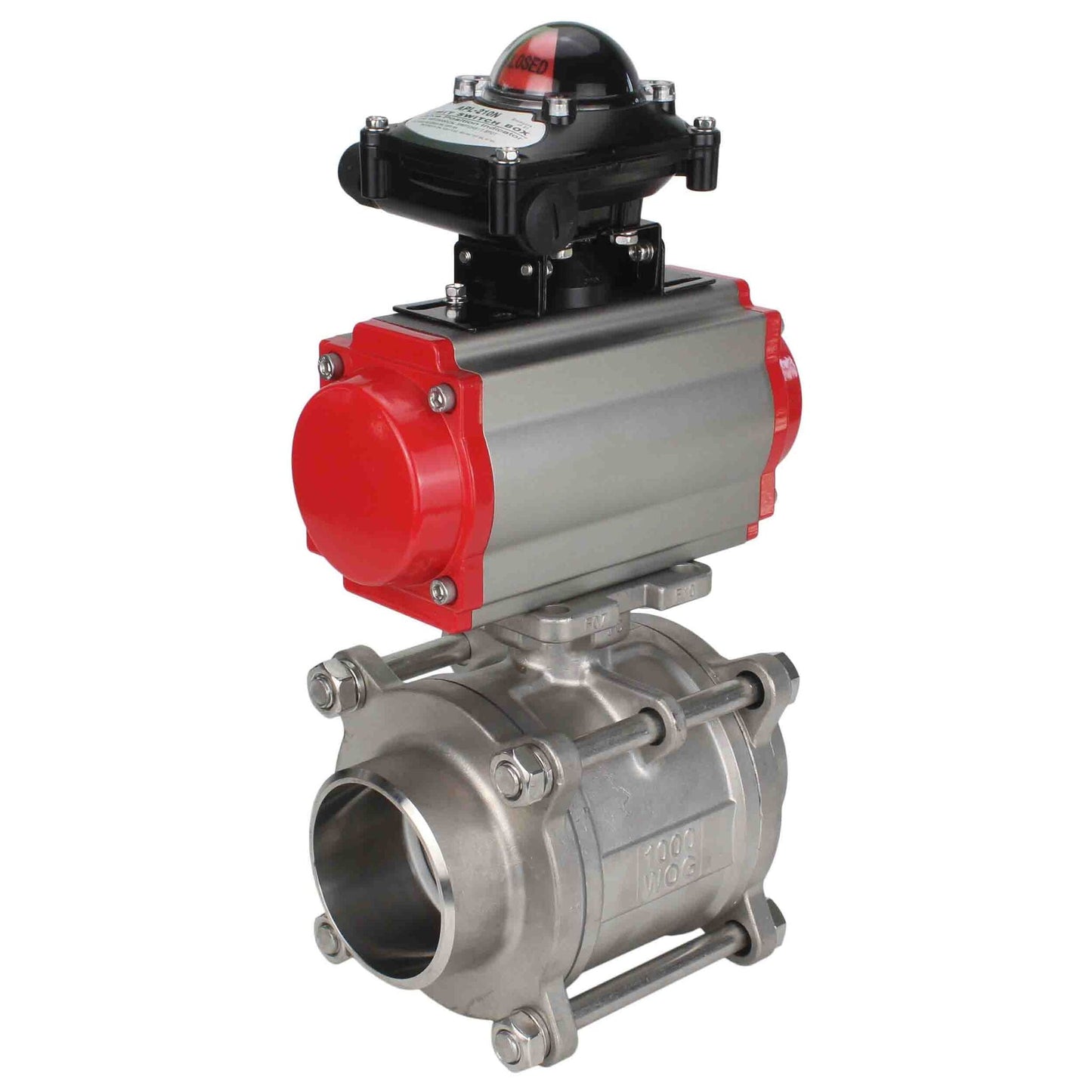 Stainless steel ball valve DNOVA kshpp-316200-da-apl210n, body material - stainless steel AISI 316, ball material - stainless steel AISI 316, seal - PTFE, pneumatic actuator operated