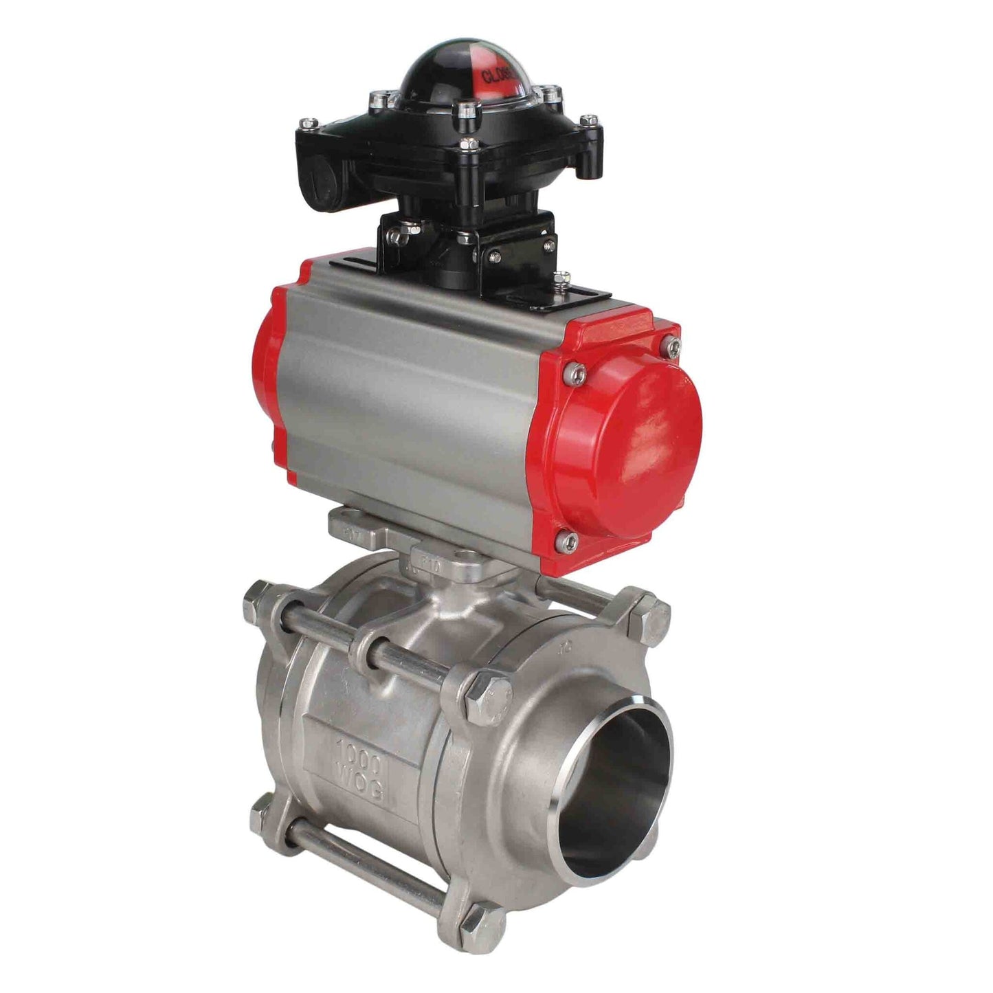 Stainless steel ball valve DNOVA kshpp-316200-sa-apl210n, body material - stainless steel AISI 316, ball material - stainless steel AISI 316, seal - PTFE, pneumatic actuator operated