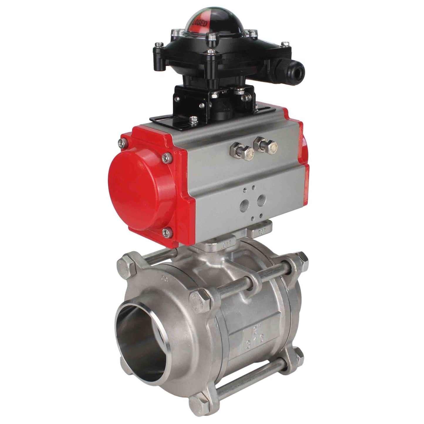 Stainless steel ball valve DNOVA kshpp-316200-sa-apl210n, body material - stainless steel AISI 316, ball material - stainless steel AISI 316, seal - PTFE, pneumatic actuator operated