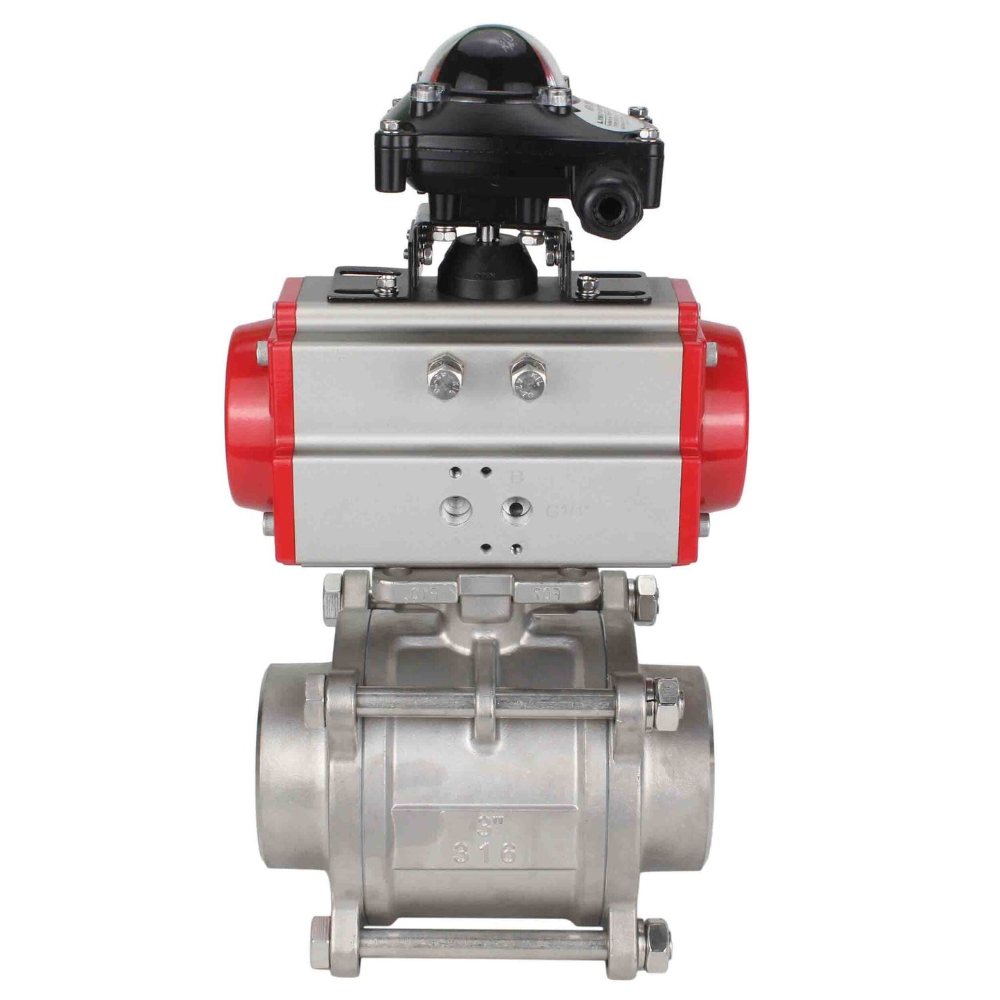 Stainless steel ball valve DNOVA kshpp-316200-sa-apl210n, body material - stainless steel AISI 316, ball material - stainless steel AISI 316, seal - PTFE, pneumatic actuator operated