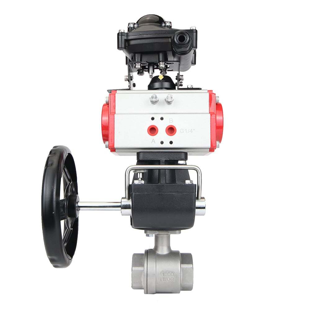 Stainless steel ball valve DNOVA BVMP.316.230-ISO 914 PSI, threaded, full port, body material - stainless steel AISI 316, with double-acting pneumatic actuator DNOVA DA, limit switch block APL-410N EX, manual override HDM