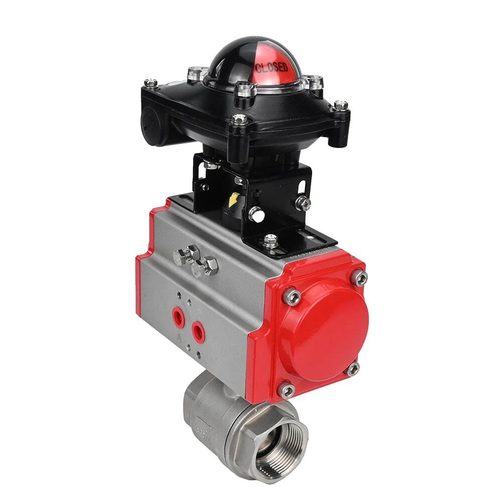 Válvula de bola de acero inoxidable DNOVA BVMP.316.230-ISO 914 PSI, roscada, paso completo, material del cuerpo - acero inoxidable AISI 316, con actuador neumático con resortes de retorno DNOVA SA, bloque de interruptores de final de carrera APL-410N EX