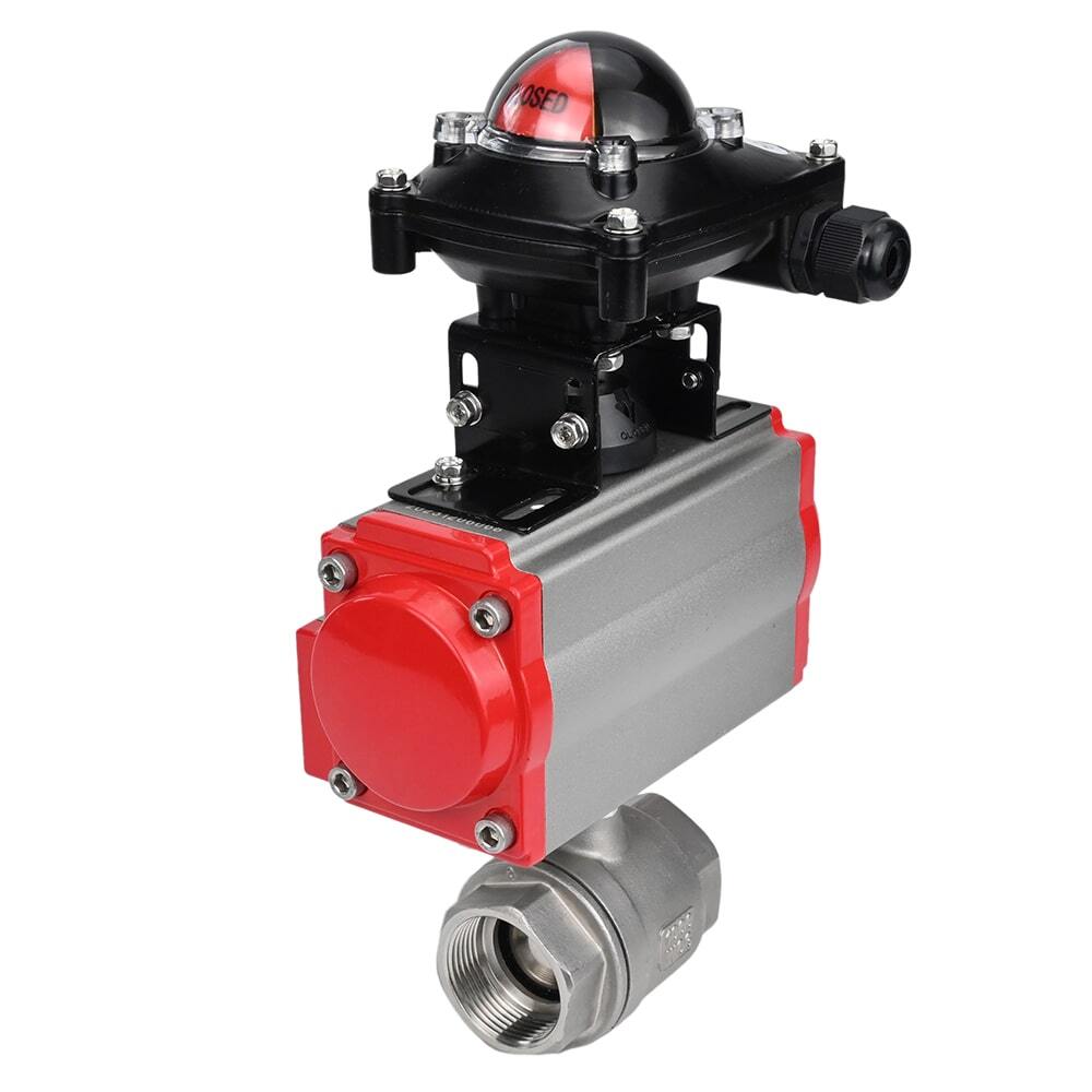Válvula de bola de acero inoxidable DNOVA BVMP.316.230-ISO 914 PSI, roscada, paso completo, material del cuerpo - acero inoxidable AISI 316, con actuador neumático con resortes de retorno DNOVA SA, bloque de interruptores de final de carrera APL-410N EX