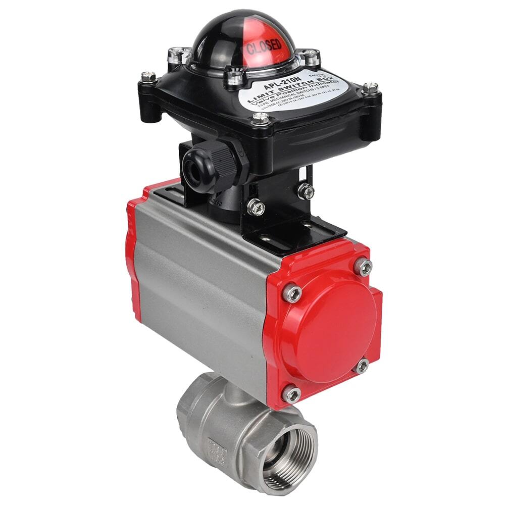 Válvula de bola de acero inoxidable DNOVA BVMP.316.230-ISO 914 PSI, roscada, paso completo, material del cuerpo - acero inoxidable AISI 316, con actuador neumático con resortes de retorno DNOVA SA, bloque de interruptores de final de carrera APL-410N EX