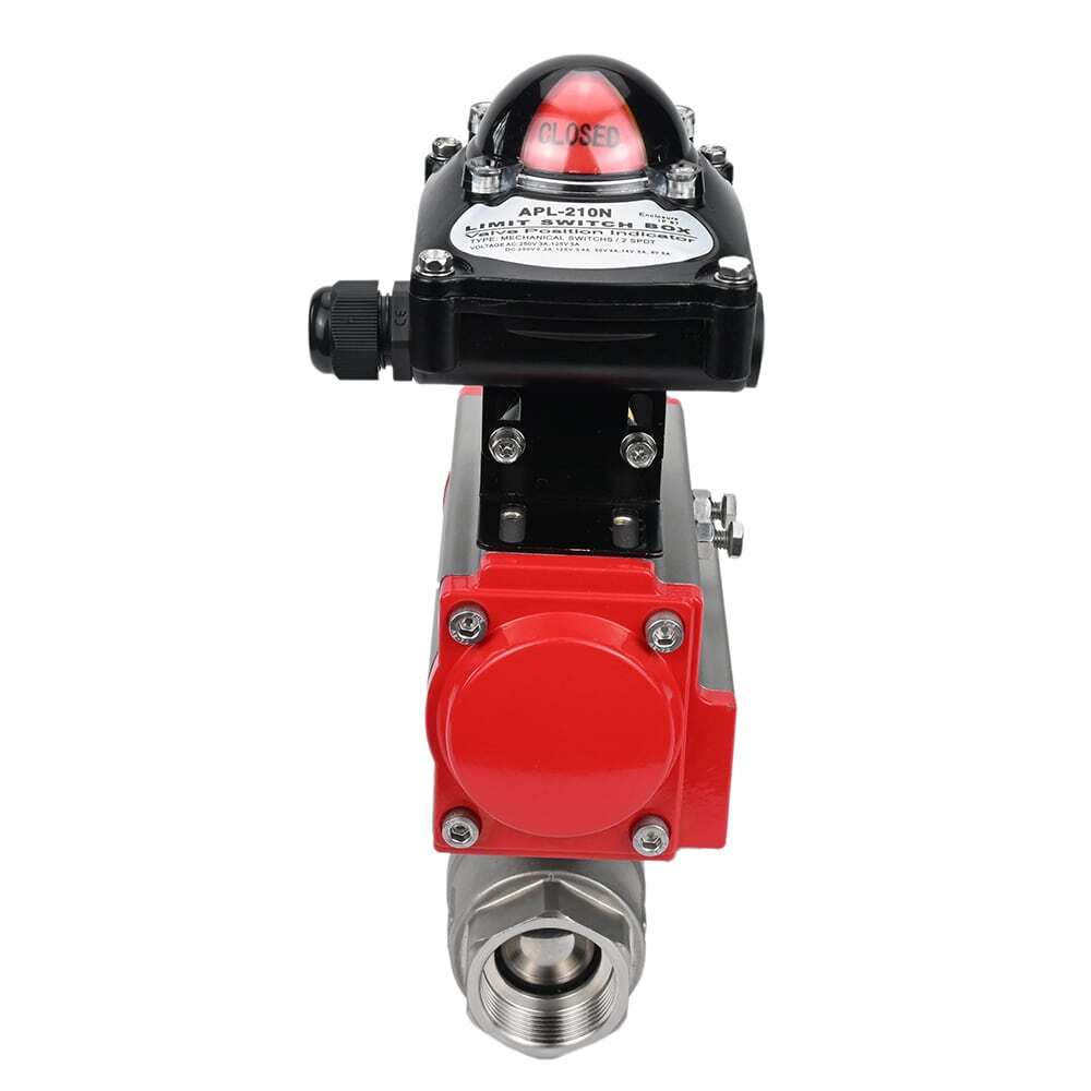 Válvula de bola de acero inoxidable DNOVA BVMP.316.230-ISO 914 PSI, roscada, paso completo, material del cuerpo - acero inoxidable AISI 316, con actuador neumático de doble efecto DNOVA DA, bloque de interruptores de final de carrera APL-410N EX