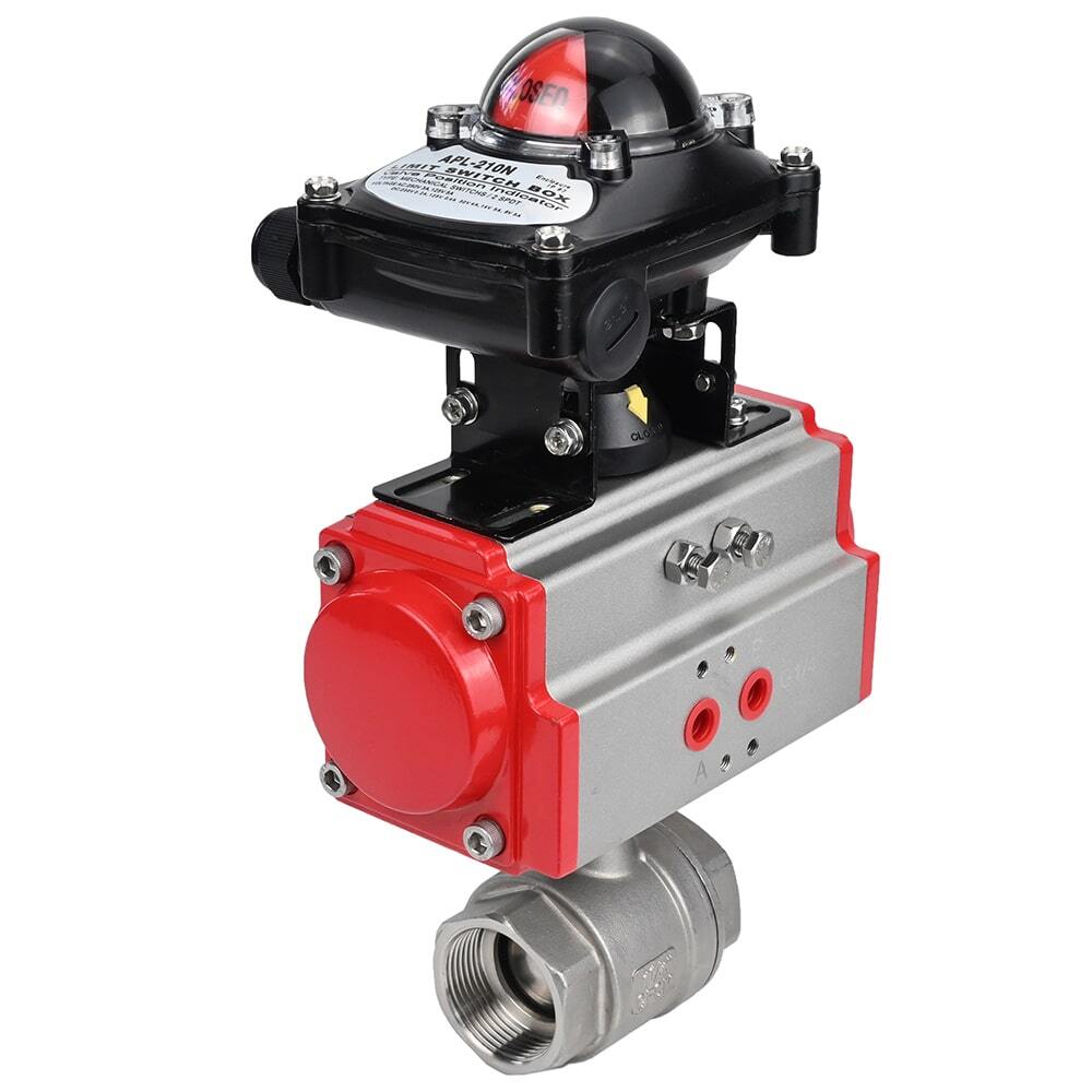 Válvula de bola de acero inoxidable DNOVA BVMP.316.230-ISO 914 PSI, roscada, paso completo, material del cuerpo - acero inoxidable AISI 316, con actuador neumático de doble efecto DNOVA DA, bloque de interruptores de final de carrera APL-410N EX