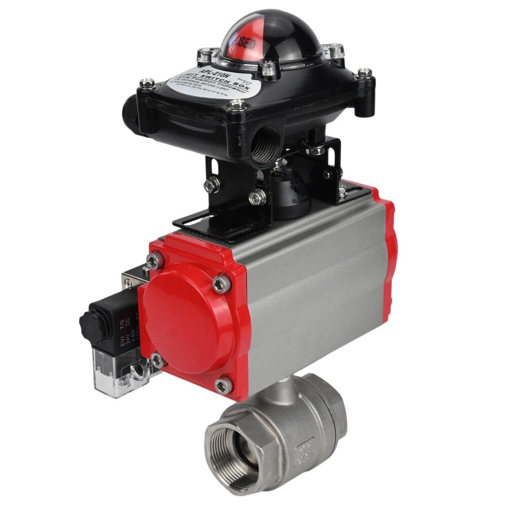 Stainless steel ball valve DNOVA BVMP.316.230-ISO 914 PSI, threaded, full port, body material - stainless steel AISI 316, with double-acting pneumatic actuator DNOVA DA, pneumatic distributor 4M310-08 220V and limit switch block APL-410N EX