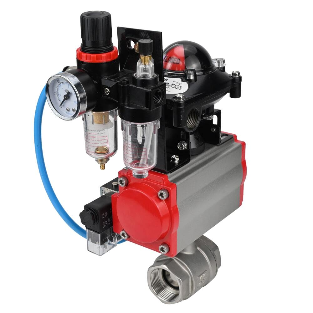 Stainless steel ball valve DNOVA BVMP.316.230-ISO 914 PSI, threaded, full port, body material - stainless steel AISI 316, with double-acting pneumatic actuator DNOVA DA, pneumatic distributor 4M310-08 220V, limit switch block APL-410N EX, air