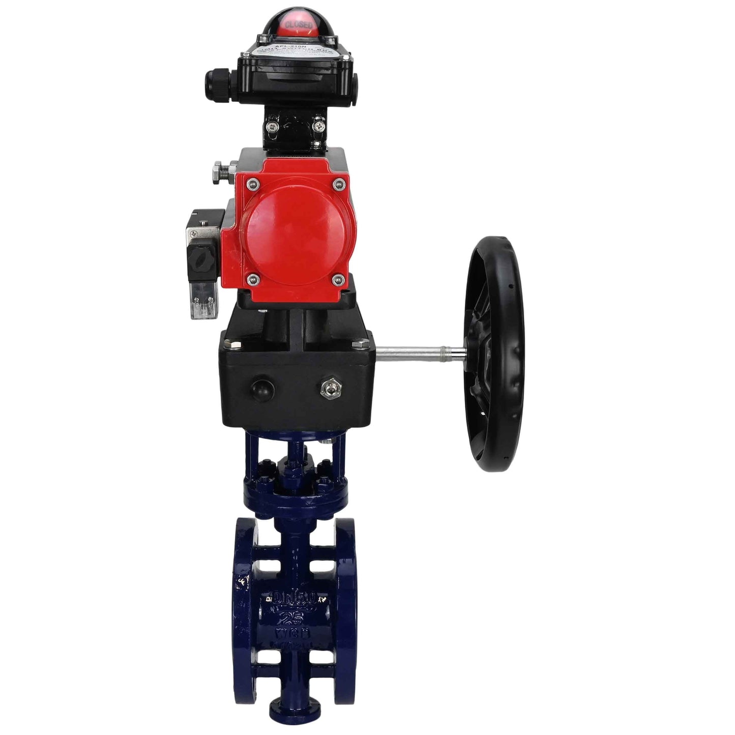 Water Butterfly Valve DNOVA WBV3EX-3432M-1W-F-ISO, body material - Carbon steel, disk material - Stainless steel AISI 316, seal - Metal, pneumatic actuator PA-DA double action, 4M310-08 24V, LSU APL-210N, handwheel MON