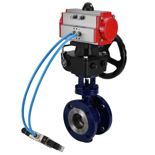 Water Butterfly Valve DNOVA WBV3EX-3432M-1W-F-ISO, body material - Carbon steel, disk material - Stainless steel AISI 316, seal - Metal, pneumatic actuator PA-DA double action, 4V320-10 220V handwheel MON,