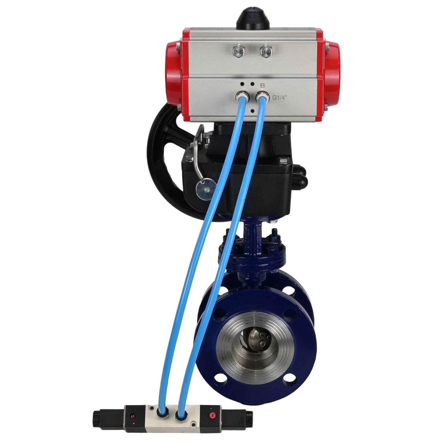 Water Butterfly Valve DNOVA WBV3EX-3432M-1W-F-ISO, body material - Carbon steel, disk material - Stainless steel AISI 316, seal - Metal, pneumatic actuator PA-DA double action, 4V320-10 220V handwheel MON,