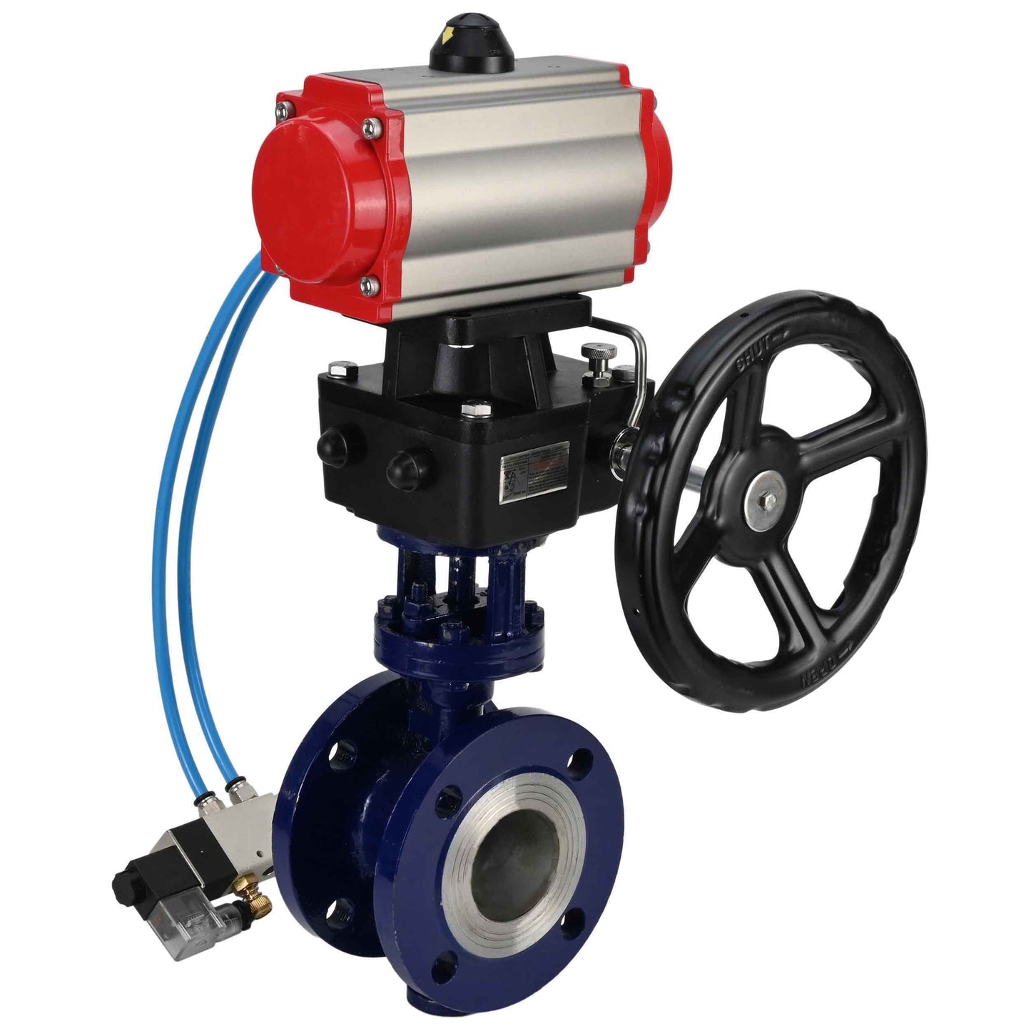 Water Butterfly Valve DNOVA WBV3EX-3432M-1W-F-ISO, body material - Carbon steel, disk material - Stainless steel AISI 316, seal - Metal, pneumatic actuator PA-DA double action, 4V320-08 220V handwheel MON