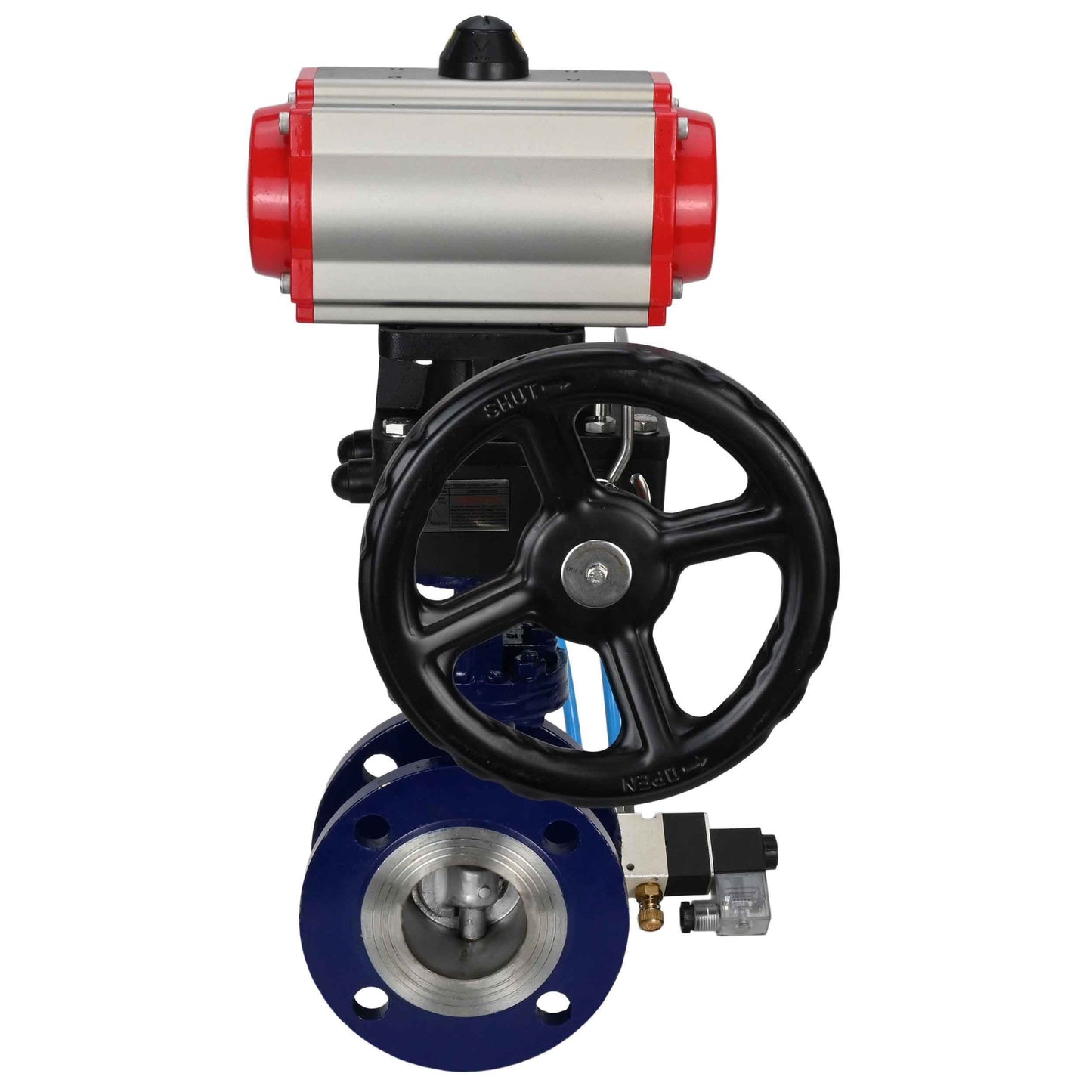 Water Butterfly Valve DNOVA WBV3EX-3432M-1W-F-ISO, body material - Carbon steel, disk material - Stainless steel AISI 316, seal - Metal, pneumatic actuator PA-DA double action, 4V320-08 220V handwheel MON