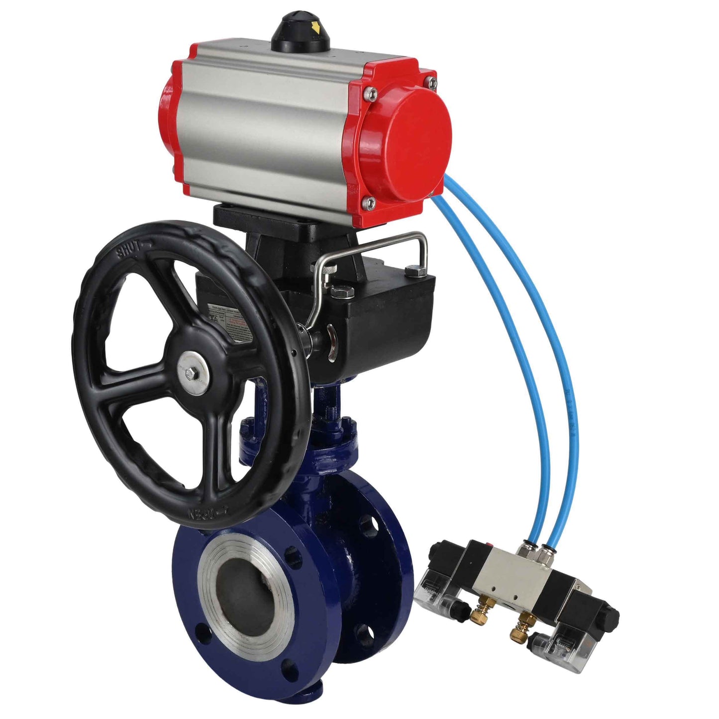 Water Butterfly Valve DNOVA WBV3EX-3432M-1W-F-ISO, body material - Carbon steel, disk material - Stainless steel AISI 316, seal - Metal, pneumatic actuator PA-DA double action, 4V320-10 220V handwheel MON,