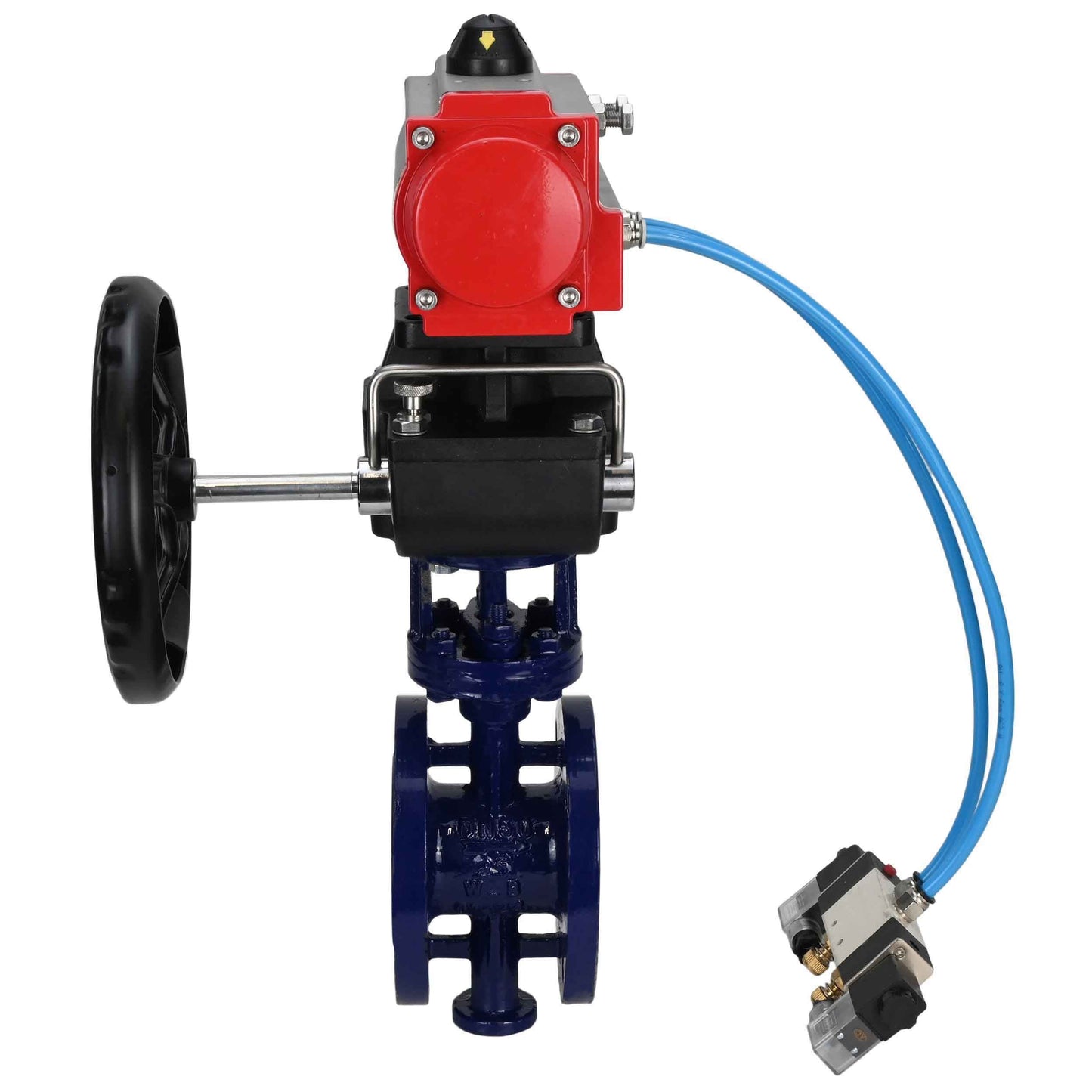 Water Butterfly Valve DNOVA WBV3EX-3432M-1W-F-ISO, body material - Carbon steel, disk material - Stainless steel AISI 316, seal - Metal, pneumatic actuator PA-DA double action, 4V320-08 220V handwheel MON