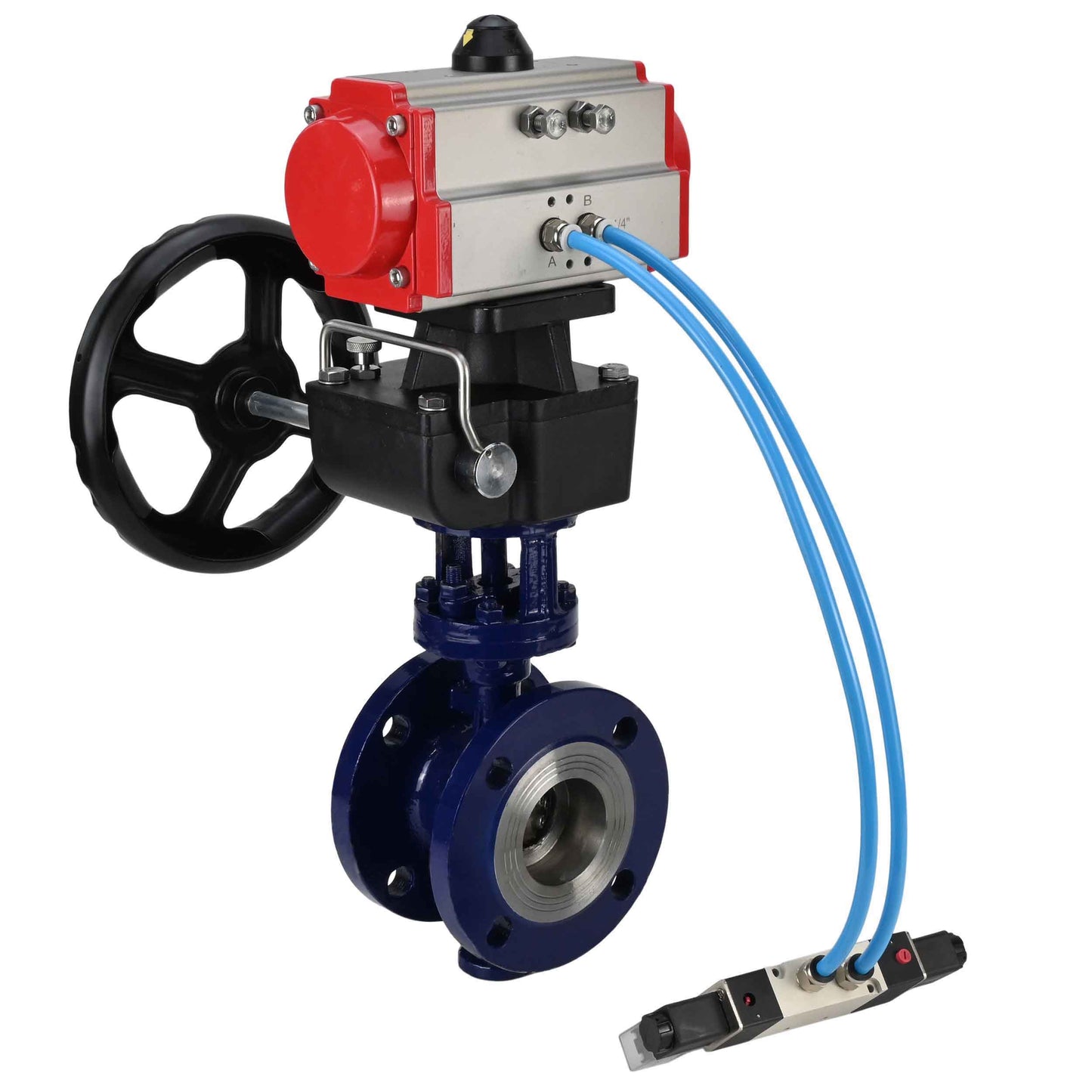 Water Butterfly Valve DNOVA WBV3EX-3432M-1W-F-ISO, body material - Carbon steel, disk material - Stainless steel AISI 316, seal - Metal, pneumatic actuator PA-DA double action, 4V320-10 220V handwheel MON,