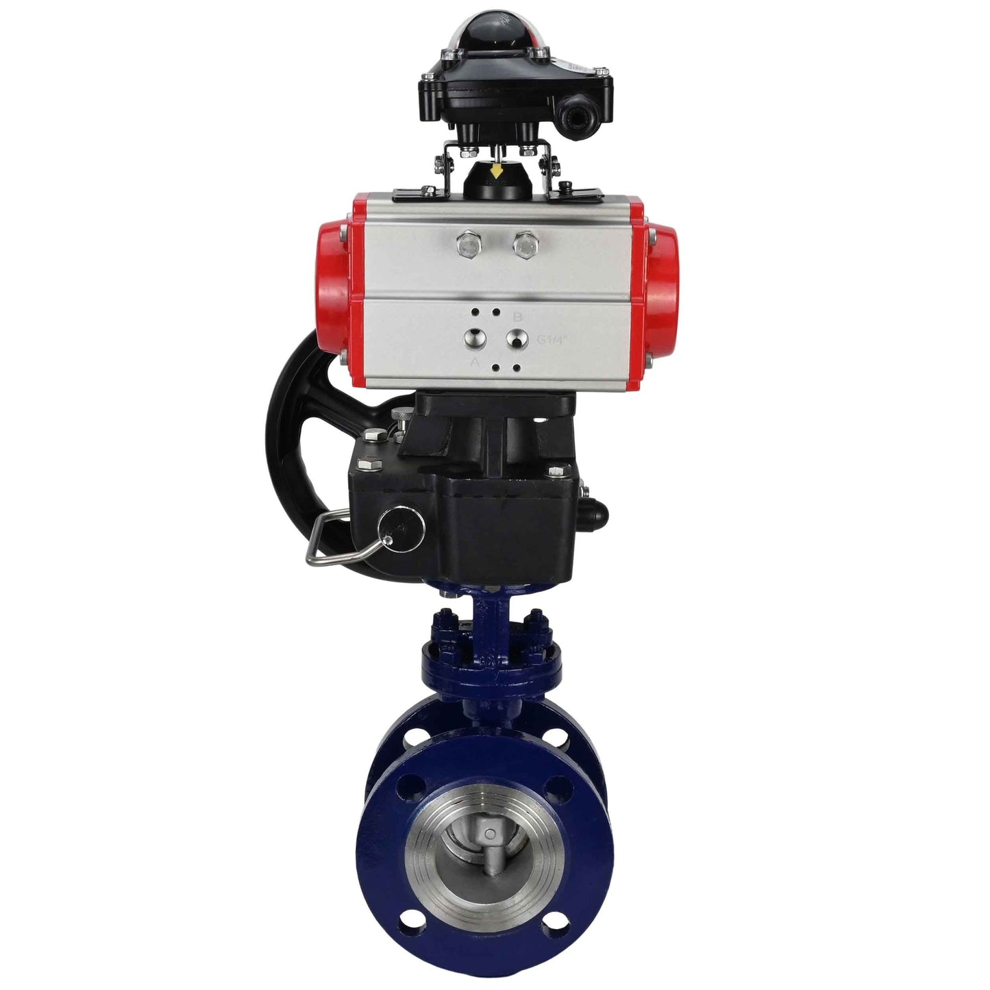 Water Butterfly Valve DNOVA WBV3EX-3432M-1W-F-ISO, body material - Carbon steel, disk material - Stainless steel AISI 316, seal - Metal, pneumatic actuator PA-DA double action, LSU APL-210N, handwheel MON