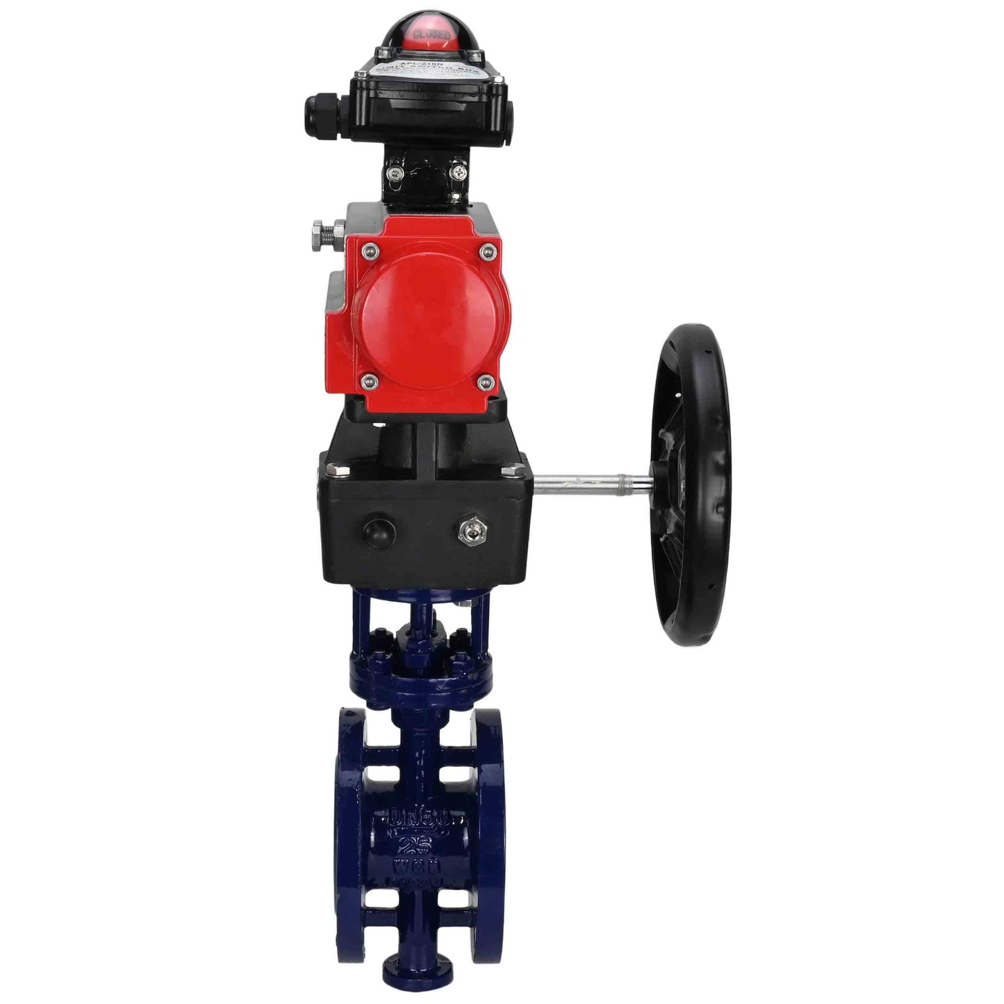 Water Butterfly Valve DNOVA WBV3EX-3432M-1W-F-ISO, body material - Carbon steel, disk material - Stainless steel AISI 316, seal - Metal, pneumatic actuator PA-DA double action, LSU APL-210N, handwheel MON
