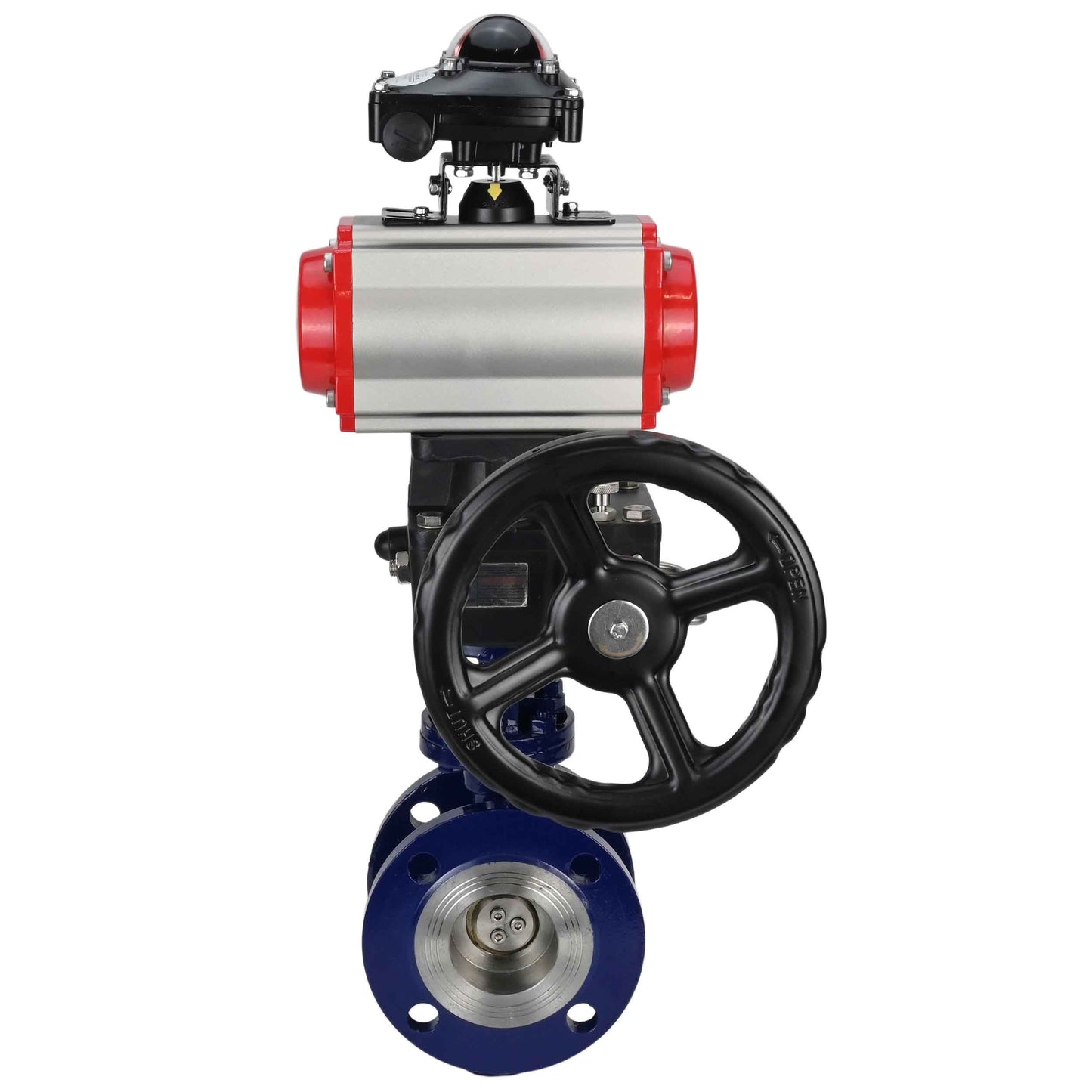 Water Butterfly Valve DNOVA WBV3EX-3432M-1W-F-ISO, body material - Carbon steel, disk material - Stainless steel AISI 316, seal - Metal, pneumatic actuator PA-DA double action, LSU APL-210N, handwheel MON