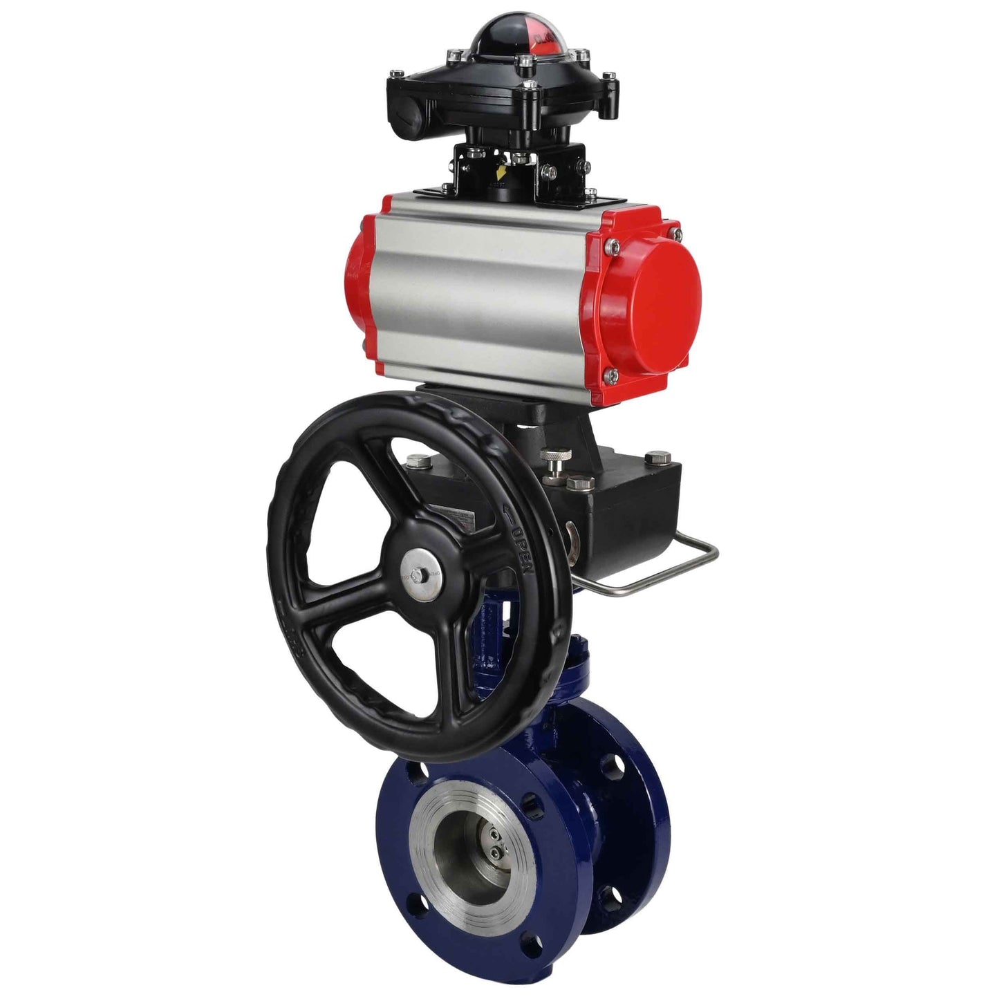Water Butterfly Valve DNOVA WBV3EX-3432M-1W-F-ISO, body material - Carbon steel, disk material - Stainless steel AISI 316, seal - Metal, pneumatic actuator PA-DA double action, LSU APL-210N, handwheel MON