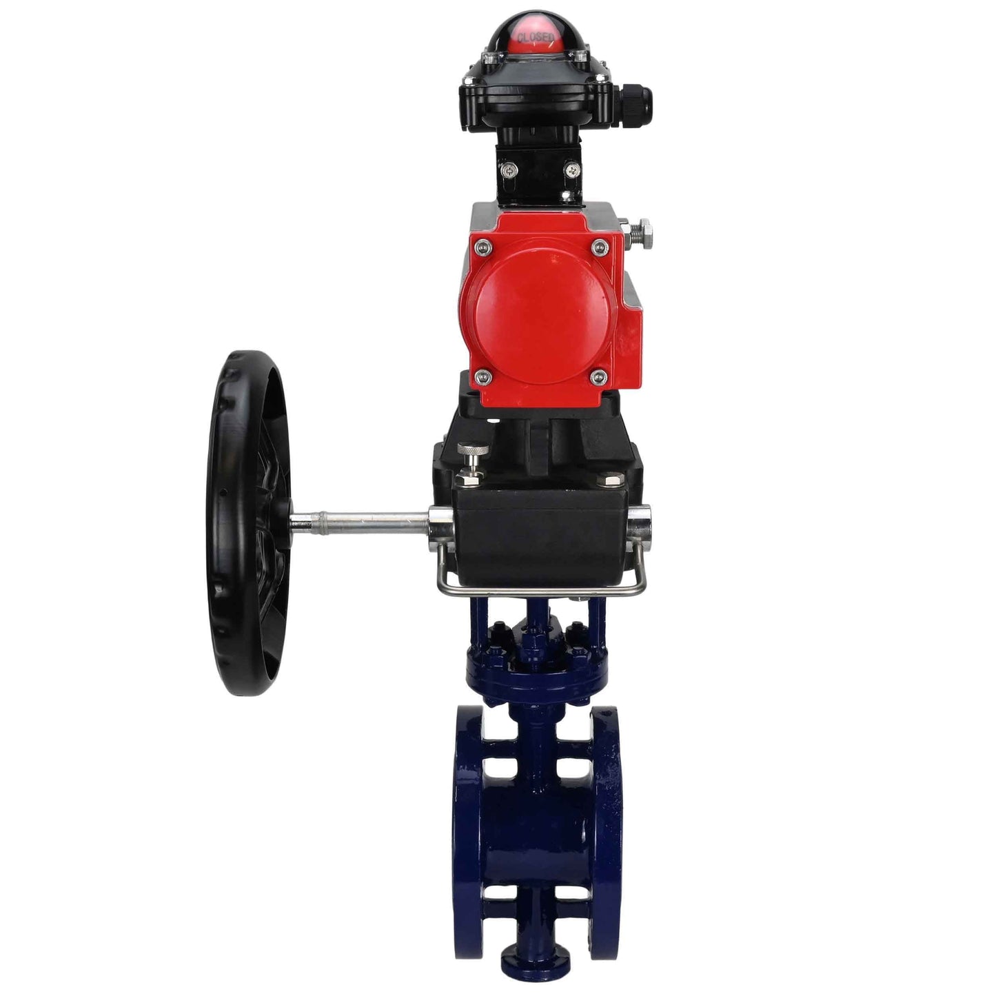 Water Butterfly Valve DNOVA WBV3EX-3432M-1W-F-ISO, body material - Carbon steel, disk material - Stainless steel AISI 316, seal - Metal, pneumatic actuator PA-DA double action, LSU APL-210N, handwheel MON