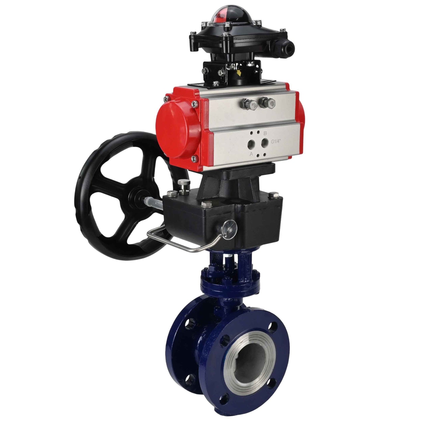 Water Butterfly Valve DNOVA WBV3EX-3432M-1W-F-ISO, body material - Carbon steel, disk material - Stainless steel AISI 316, seal - Metal, pneumatic actuator PA-DA double action, LSU APL-210N, handwheel MON