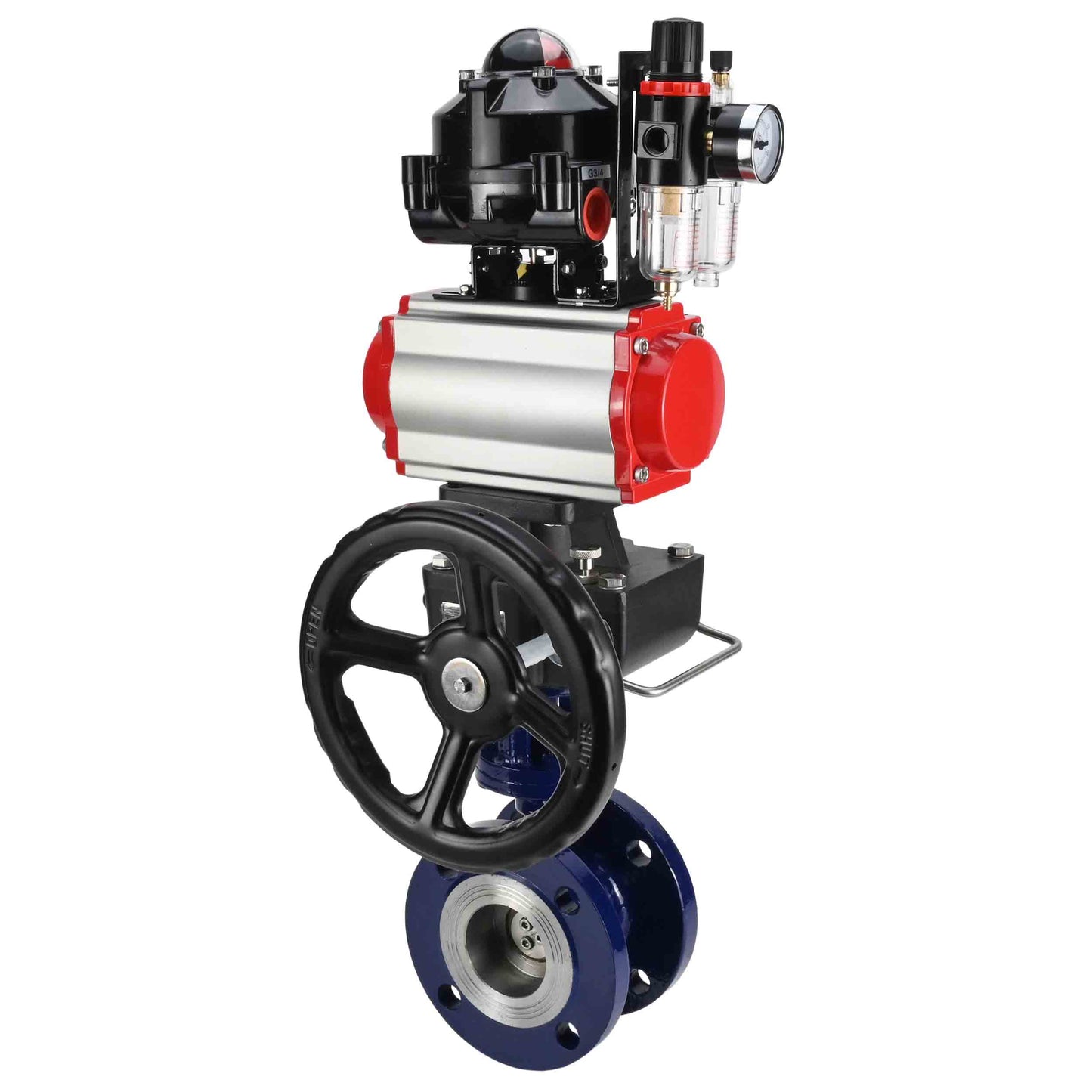 Water Butterfly Valve DNOVA WBV3EX-3432M-1W-F-ISO, body material - Carbon steel, disk material - Stainless steel AISI 316, seal - Metal, pneumatic actuator PA-DA double action, 4M310-08 24V, LSU APL-510N EX, handwheel MON, ATU AFC2000