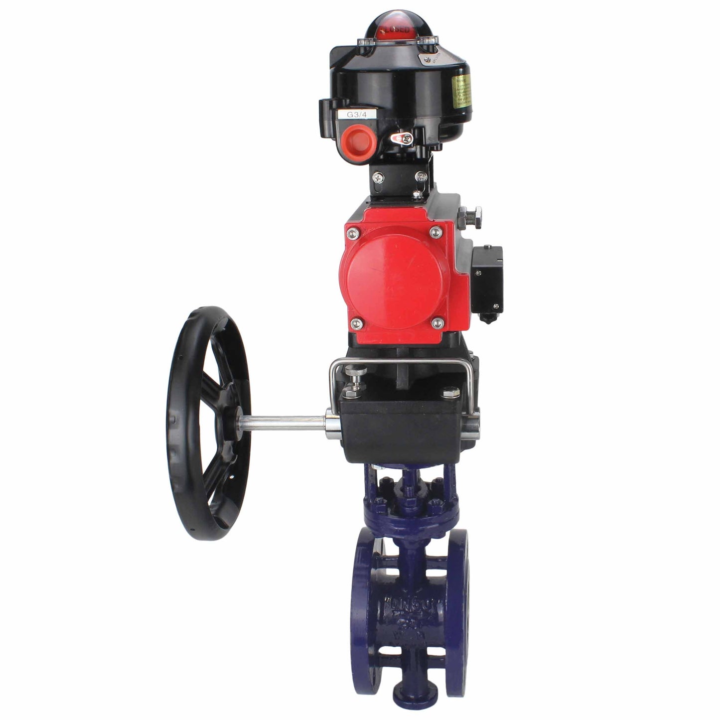 Water Butterfly Valve DNOVA WBV3EX-3432M-1W-F-ISO, body material - Carbon steel, disk material - Stainless steel AISI 316, seal - Metal, pneumatic actuator PA-DA double action, 4M310-08 24V, LSU APL-510N EX, handwheel MON