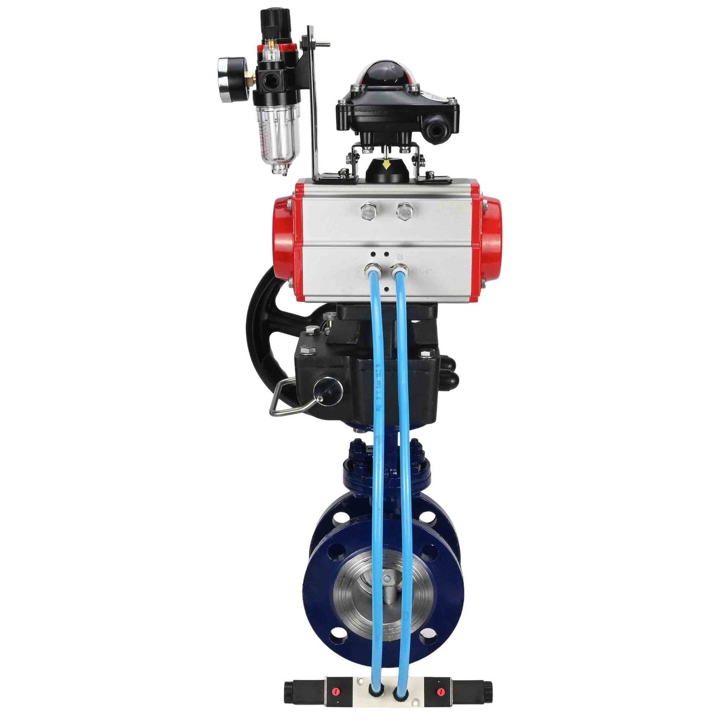 Water Butterfly Valve DNOVA WBV3EX-3432M-1W-F-ISO, body material - Carbon steel, disk material - Stainless steel AISI 316, seal - Metal, pneumatic actuator PA-DA double action, 4V320-08 220V, LSU APL-210N, handwheel MON, ATU AFC2000