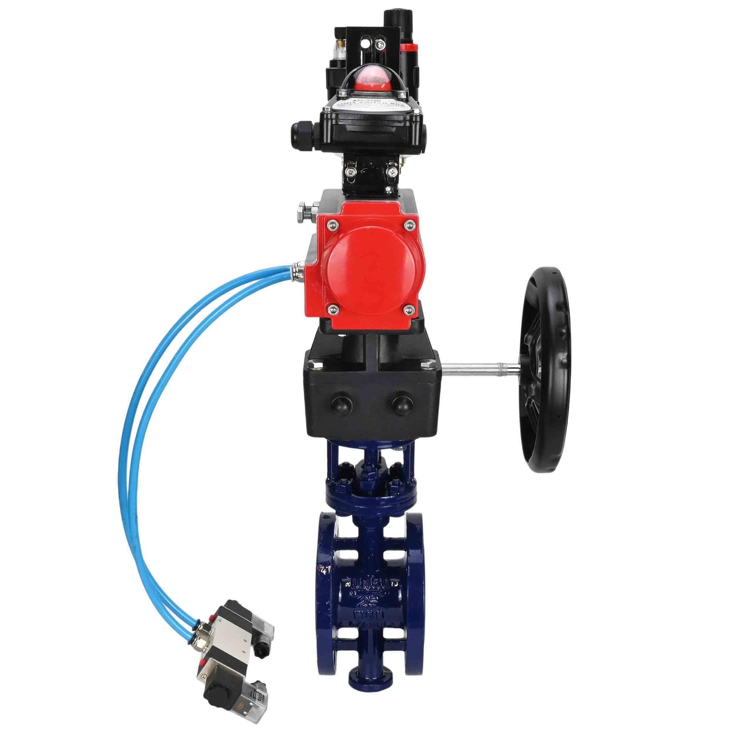 Water Butterfly Valve DNOVA WBV3EX-3432M-1W-F-ISO, body material - Carbon steel, disk material - Stainless steel AISI 316, seal - Metal, pneumatic actuator PA-DA double action, 4V320-08 220V, LSU APL-210N, handwheel MON, ATU AFC2000