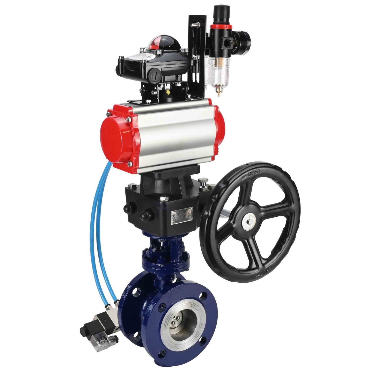 Water Butterfly Valve DNOVA WBV3EX-3432M-1W-F-ISO, body material - Carbon steel, disk material - Stainless steel AISI 316, seal - Metal, pneumatic actuator PA-DA double action, 4V320-08 220V, LSU APL-210N, handwheel MON, ATU AFC2000