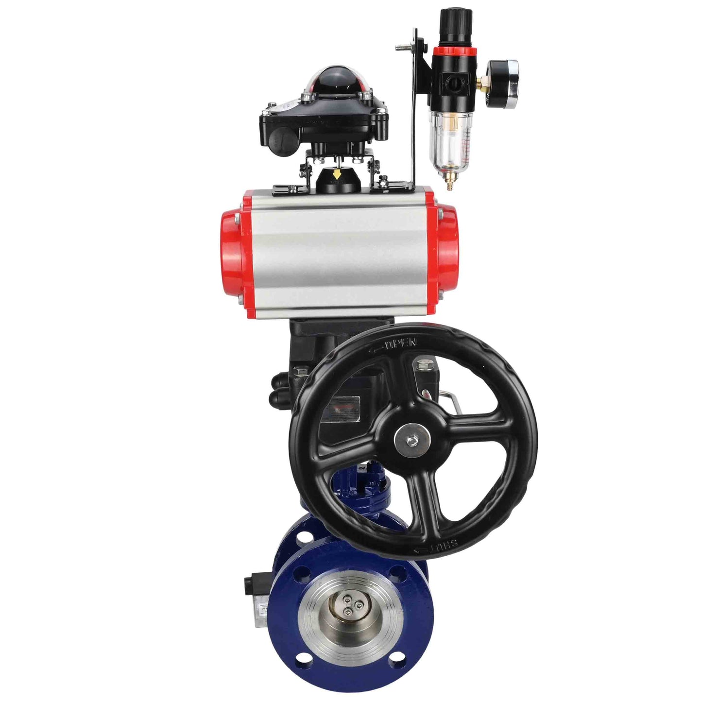 Water Butterfly Valve DNOVA WBV3EX-3432M-1W-F-ISO, body material - Carbon steel, disk material - Stainless steel AISI 316, seal - Metal, pneumatic actuator PA-DA double action, 4V320-08 220V, LSU APL-210N, handwheel MON, ATU AFC2000