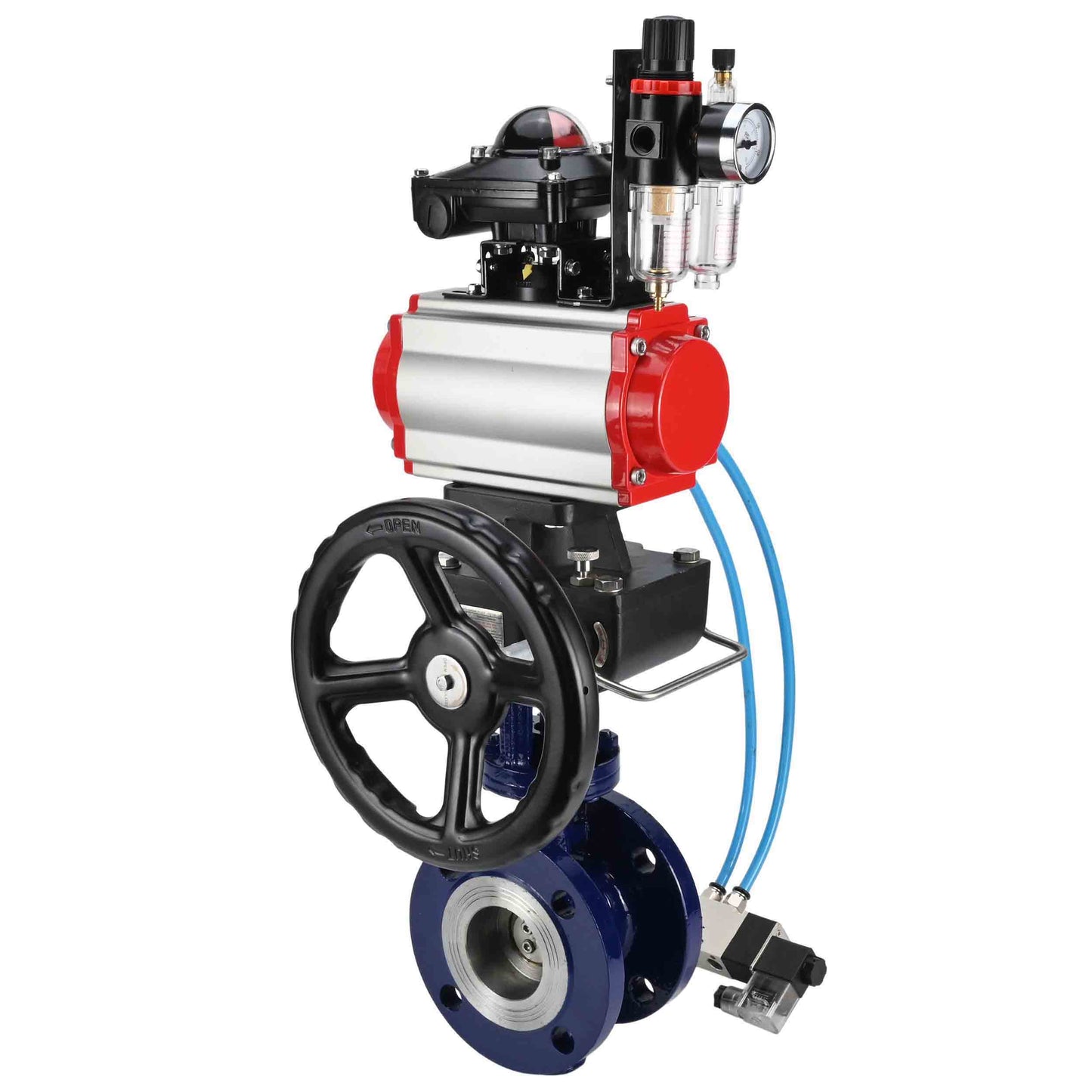 Water Butterfly Valve DNOVA WBV3EX-3432M-1W-F-ISO, body material - Carbon steel, disk material - Stainless steel AISI 316, seal - Metal, pneumatic actuator PA-DA double action, 4V320-08 220V, LSU APL-210N, handwheel MON, ATU AFC2000