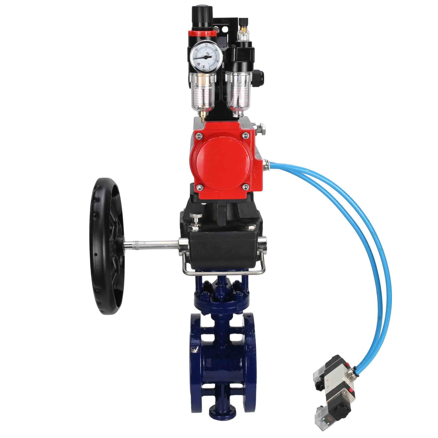 Water Butterfly Valve DNOVA WBV3EX-3432M-1W-F-ISO, body material - Carbon steel, disk material - Stainless steel AISI 316, seal - Metal, pneumatic actuator PA-DA double action, 4V320-08 220V, LSU APL-210N, handwheel MON, ATU AFC2000