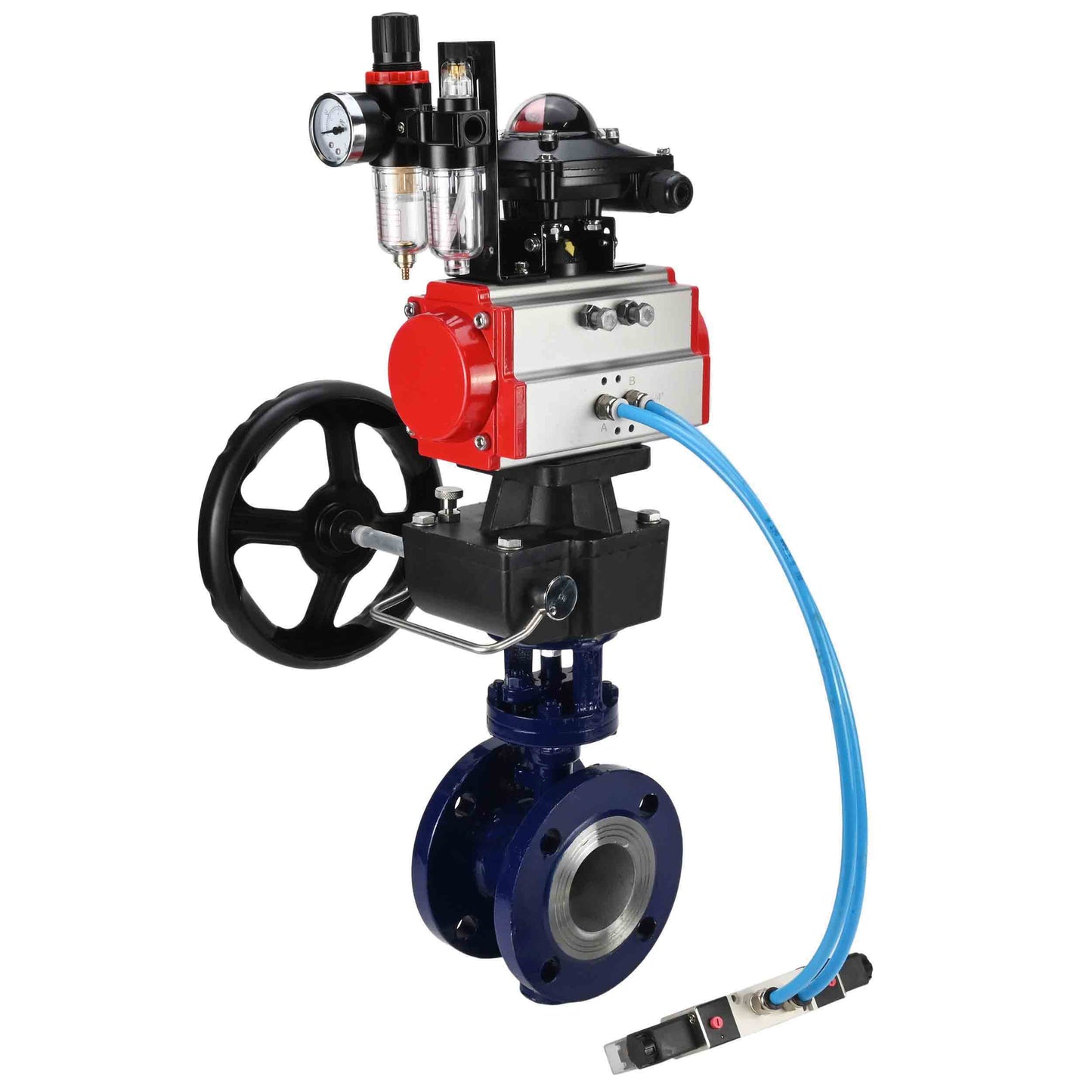 Water Butterfly Valve DNOVA WBV3EX-3432M-1W-F-ISO, body material - Carbon steel, disk material - Stainless steel AISI 316, seal - Metal, pneumatic actuator PA-DA double action, 4V320-08 220V, LSU APL-210N, handwheel MON, ATU AFC2000