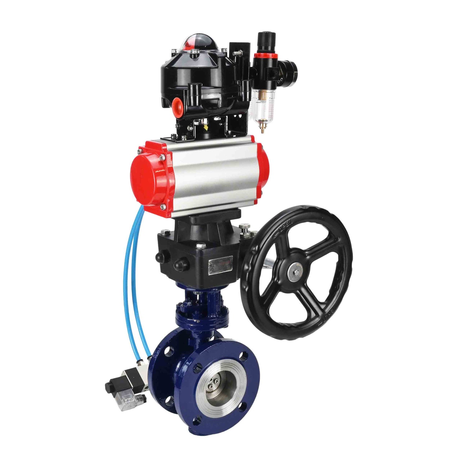 Water Butterfly Valve DNOVA WBV3EX-3432M-1W-F-ISO, body material - Carbon steel, disk material - Stainless steel AISI 316, seal - Metal, pneumatic actuator PA-DA double action, 4V320-10 220V, LSU APL-510N EX, handwheel MON, ATU AFC2000