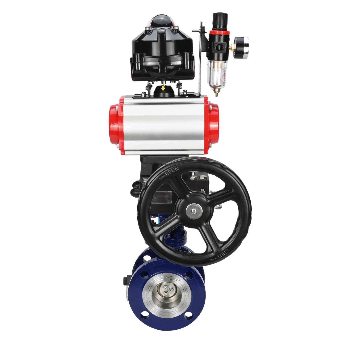 Water Butterfly Valve DNOVA WBV3EX-3432M-1W-F-ISO, body material - Carbon steel, disk material - Stainless steel AISI 316, seal - Metal, pneumatic actuator PA-DA double action, 4V320-10 220V, LSU APL-510N EX, handwheel MON, ATU AFC2000