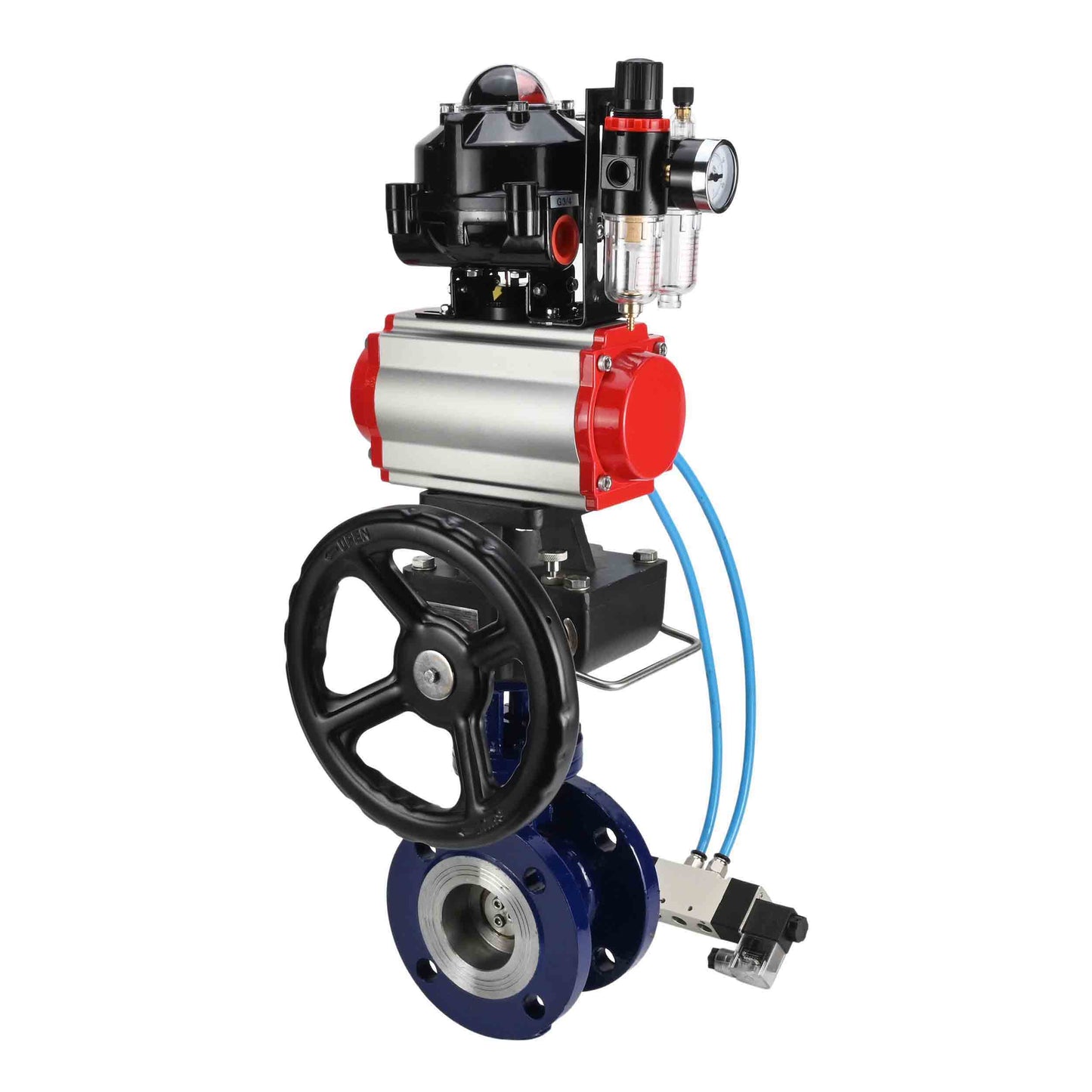 Water Butterfly Valve DNOVA WBV3EX-3432M-1W-F-ISO, body material - Carbon steel, disk material - Stainless steel AISI 316, seal - Metal, pneumatic actuator PA-DA double action, 4V320-10 220V, LSU APL-510N EX, handwheel MON, ATU AFC2000