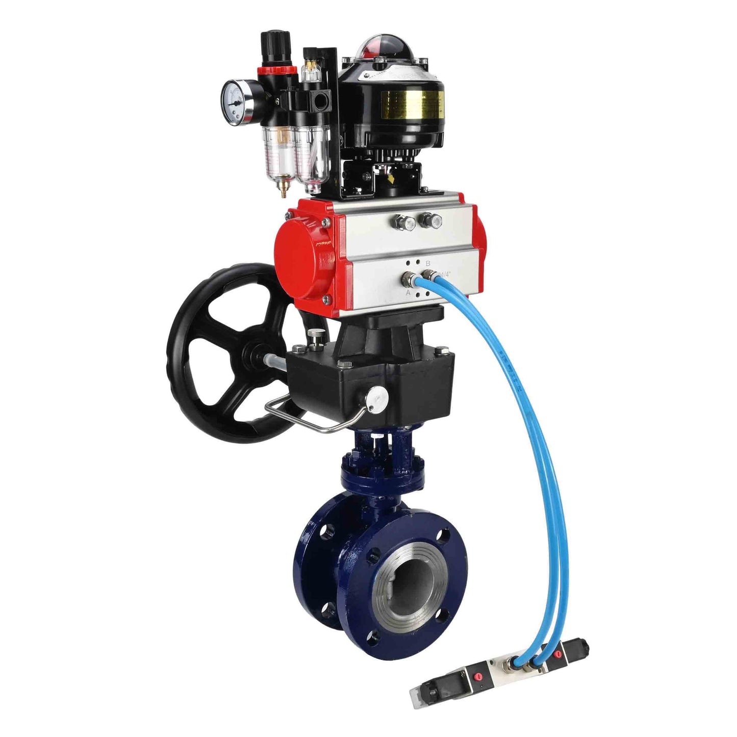 Water Butterfly Valve DNOVA WBV3EX-3432M-1W-F-ISO, body material - Carbon steel, disk material - Stainless steel AISI 316, seal - Metal, pneumatic actuator PA-DA double action, 4V320-10 220V, LSU APL-510N EX, handwheel MON, ATU AFC2000